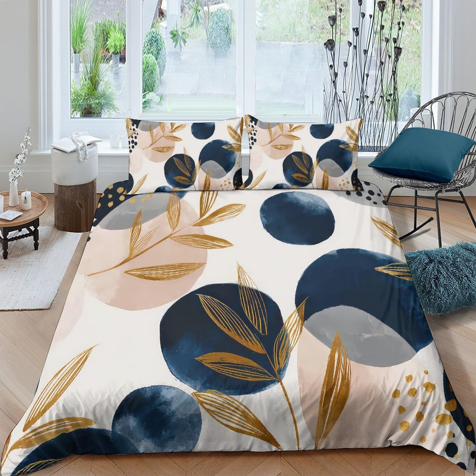 Ctjqhvkz Style-6 3D Printed Botanical Abstract Fitted Sheet Microfiber Soft Breathable Navy Gold Leaf Bed Cover For Bedroom Dorm Decor Single（135X200cm）