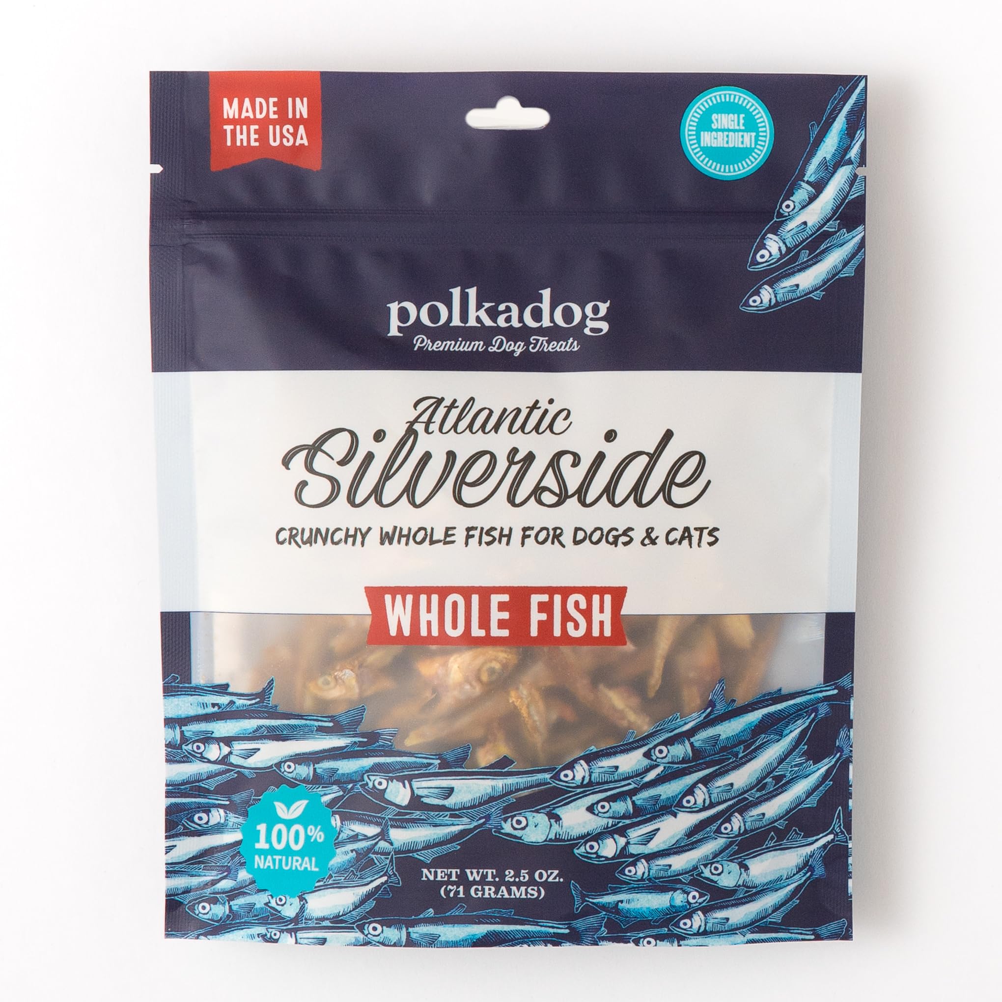 Polkadog Atlantic Silverside Whole Fish Dog Treats - All-Natural Treats for Dogs, Pets, Cats - Single Ingredient Crunchy Pet Snacks, Training Treats - Wild-Caught Fish - 2.5 oz.