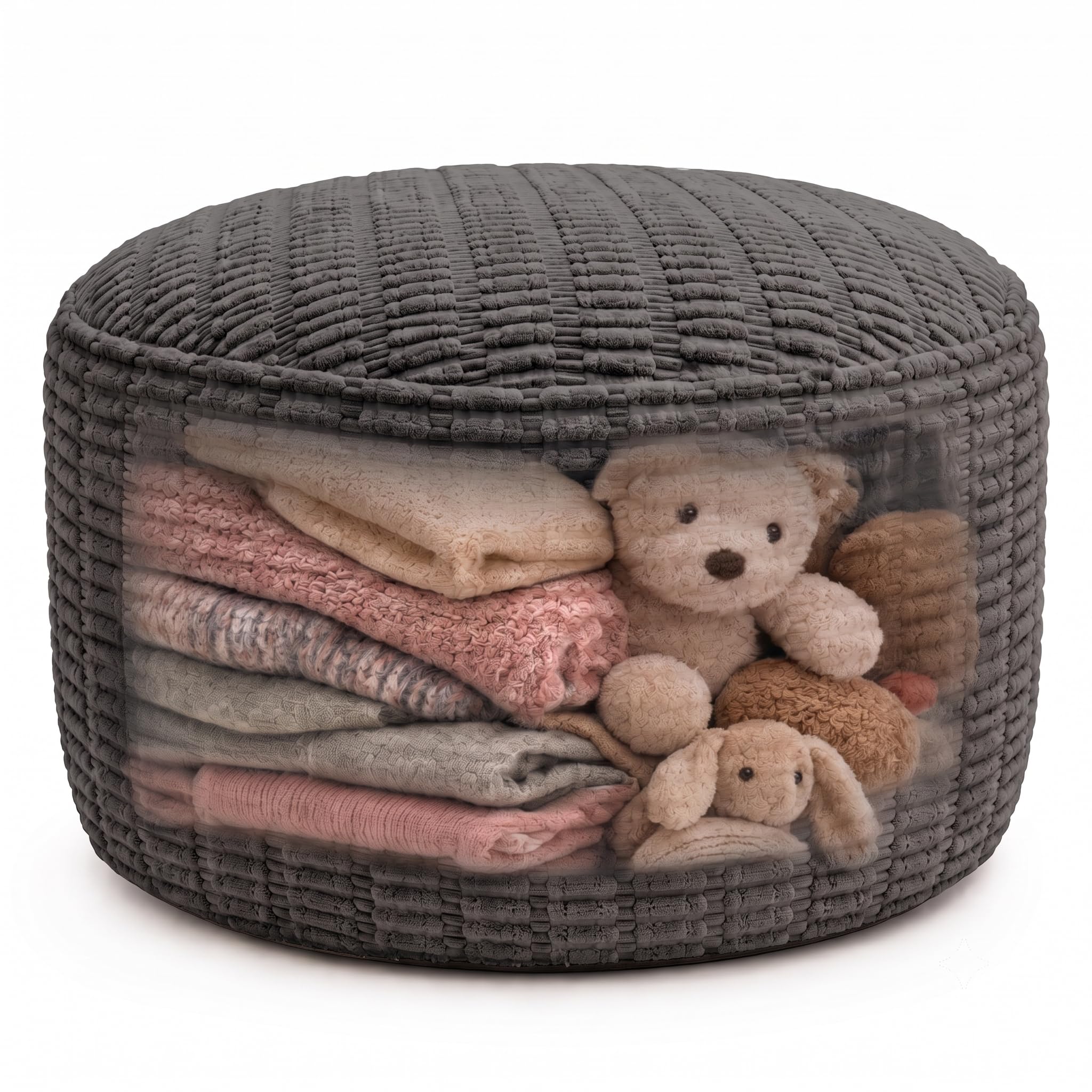 Round Pouf Ottoman Cover Only, Charcoal Gray, 28"x14", Large Storage Cover
