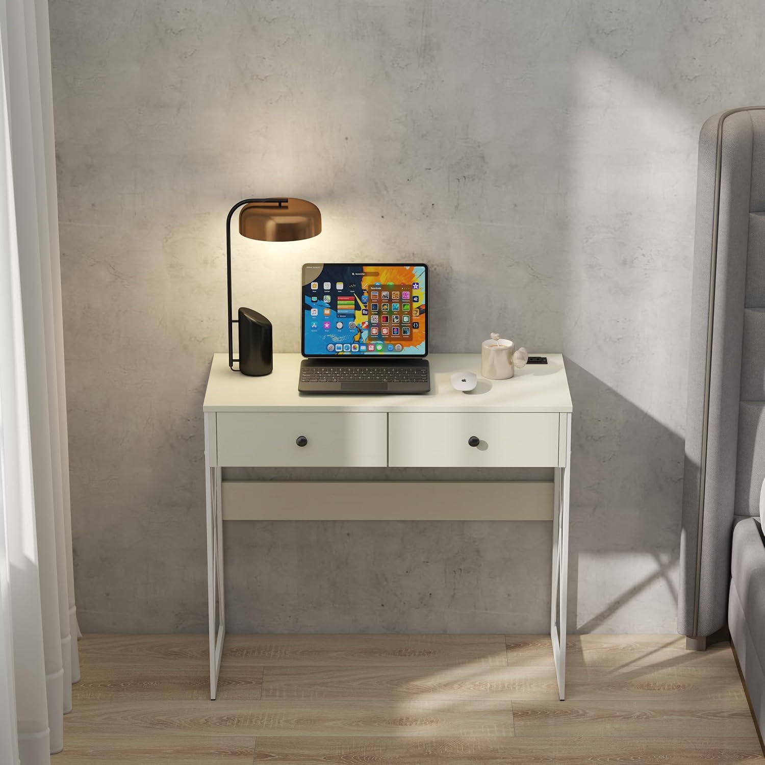 Manora Compact Computer Desk with Power Outlets, 2 Drawers, and Metal Frame, 31.5" Small Desk for Home Office, Study, or Makeup Area, White