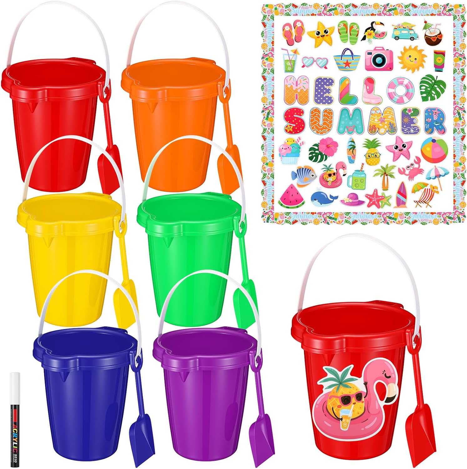 6 Sets 7.5 Inch Sand Bucket with Shovel Rainbow Colors Plastic Beach Buckets with Hawaiian Ocean Theme Cardstock White Marker for Name Labeling DIY Decoration for Summer End of Year Gifts