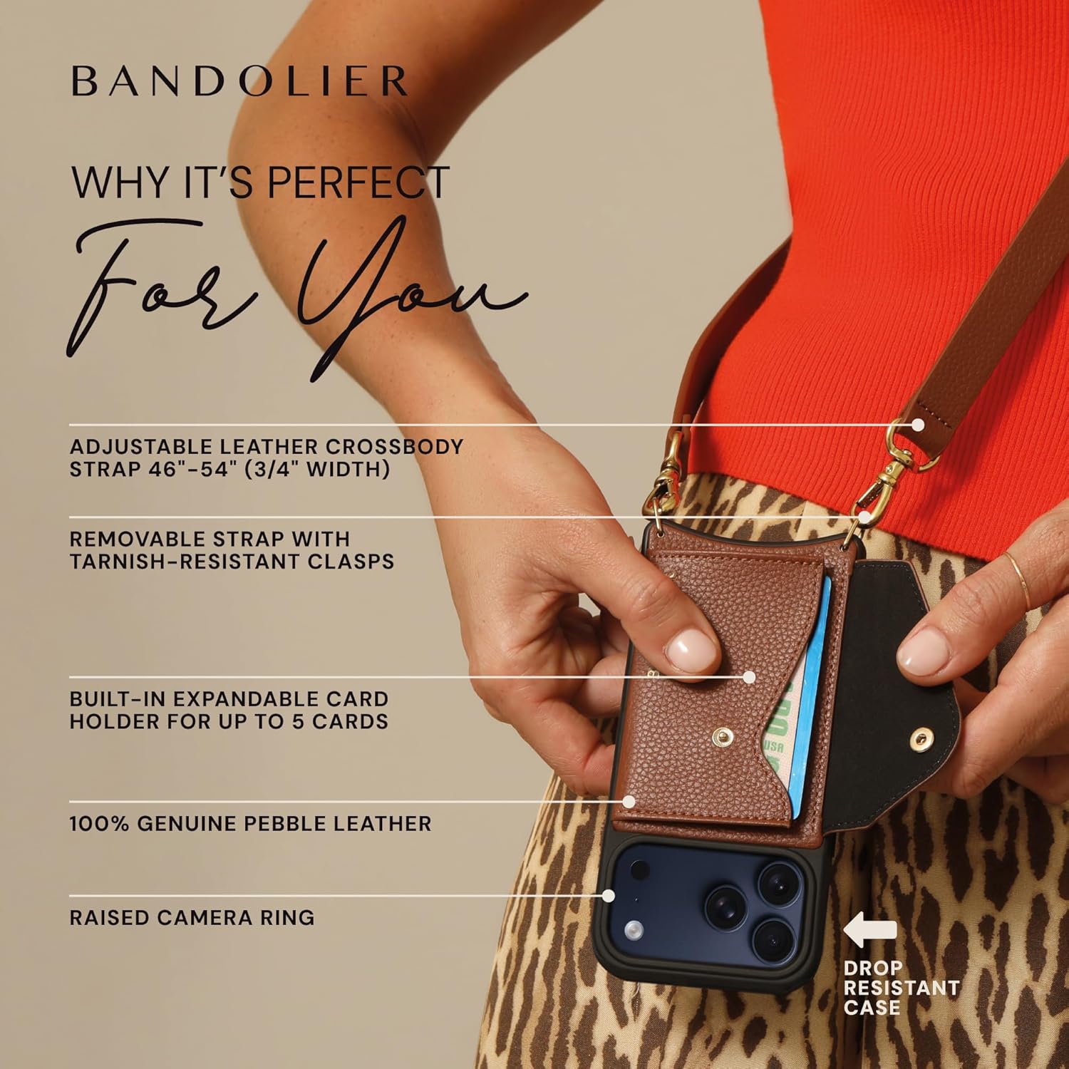 Bandolier Hailey Crossbody Wallet Phone Case for iPhone 17 Pro Max. 100% Genuine Pebble Leather with Gold Hardware. Adjustable & Removable Strap. Expandable Flip Card Holder. Cognac with Gold Hardware - Image 4