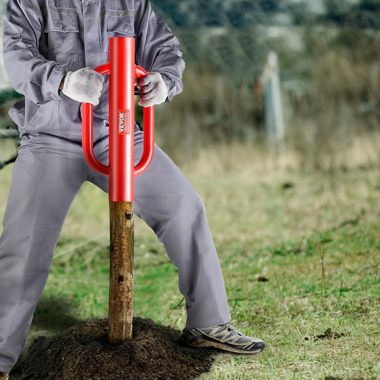 VEVOR Fence T Post Driver, 4.11" Inner Diameter Post Pounder with Handles, 22LB Heavy Duty Carbon Steel Hand Post Rammer, Farm Fencing Hole Digger for U Channel, Sign Pole, Wooden Post, Red