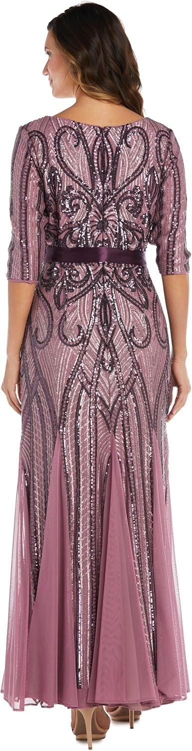 R&M Richards Women's Elegant Sequin Sweetheart Gown | 3/4 Sleeve Embellished Power Mesh Maxi Dress | Evening Cocktail Party - Image 3