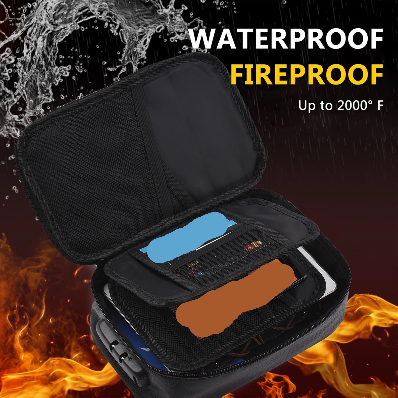 Borsa for Documenti ignifuga Organizer di Sicurezza Chiusura con Cerniera Custodia for Soldi Resistente al Fuoco e all'Acqua Custodia for Carte Multistrato(Black)