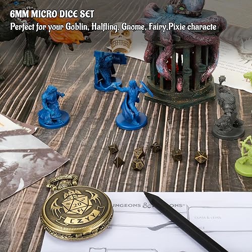 Miniatura 7 de DND - Juego de dados micropoliédricos de 0236in con funda de reloj de bolsillo perfecto para mazmorras y dragones juegos de mesa y cartas bronce