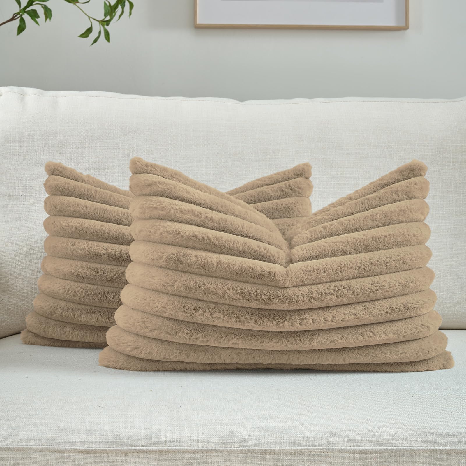 FUTEI Set of 2 Fluffy Faux Fur 30x50 cm Cushion Covers Soft Plush Striped Textured Scatter Pillowcase 30 x 50 cm Modern Accent for Sofa Bedroom Living Room, Khaki โ image 1