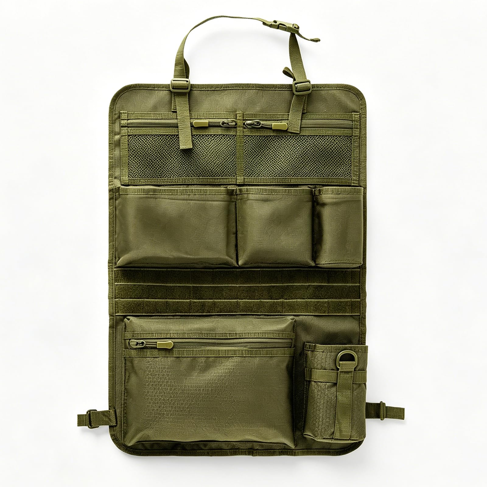Taktischer Autositz Organizer Rückenlehne 42×62 cm, Auto Sitz Organizer mit MOLLE System, Rückenlehnenschutz mit Taschen, Netztaschen & Becherhalter für SUV, Jeep, Reisen, Camping (Grün)