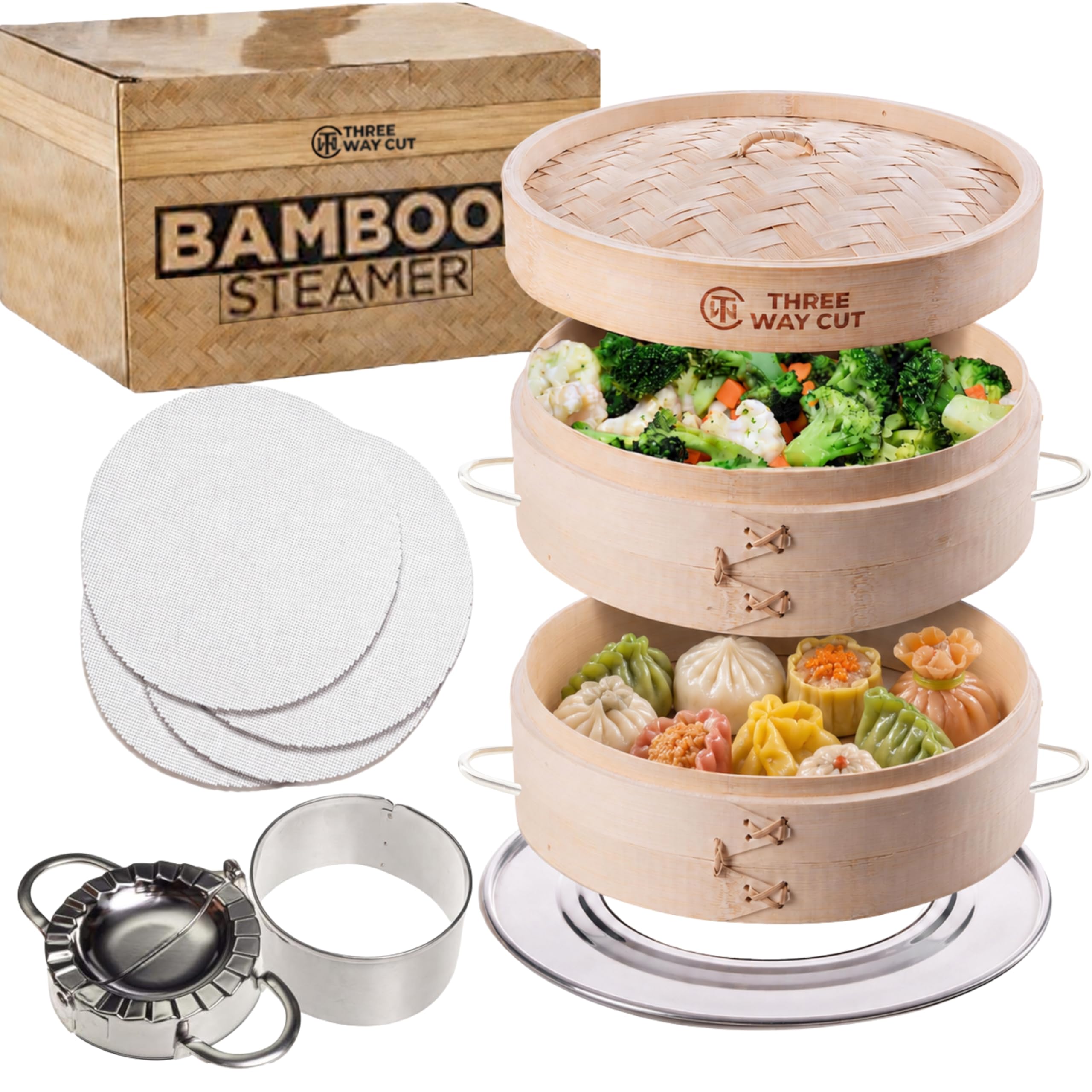 Vaporizador de bambú de 2 niveles - Cestas de 10 pulgadas con asa, forro de silicona, adaptador, prensa moldeadora para cocinar verduras, prensa de albóndigas y cortador de masa para cocinar al vapor