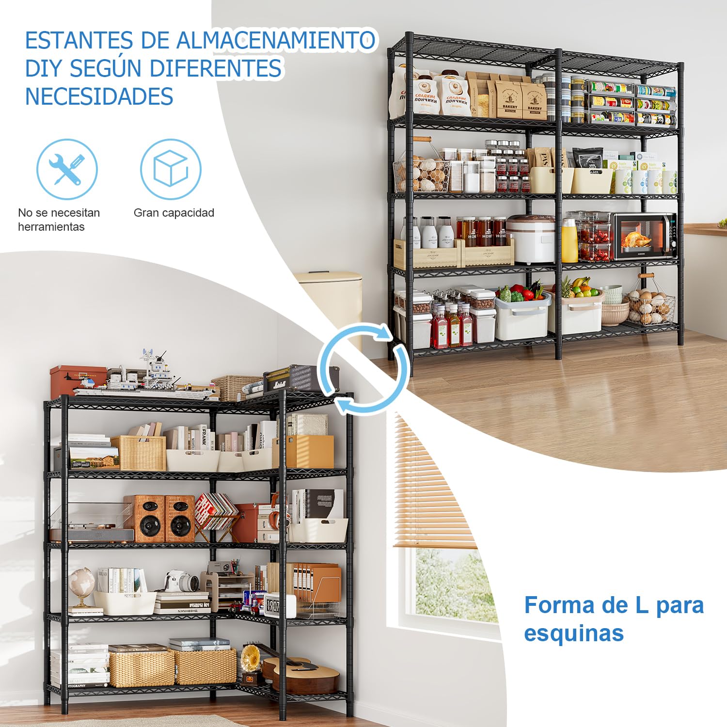 Estanterias Almacenaje 1500LBS Estanterias,Negro | Almacenaje Cocina 5 Pisos Estanterias Metalicas,61''W*72''H*15.7''D