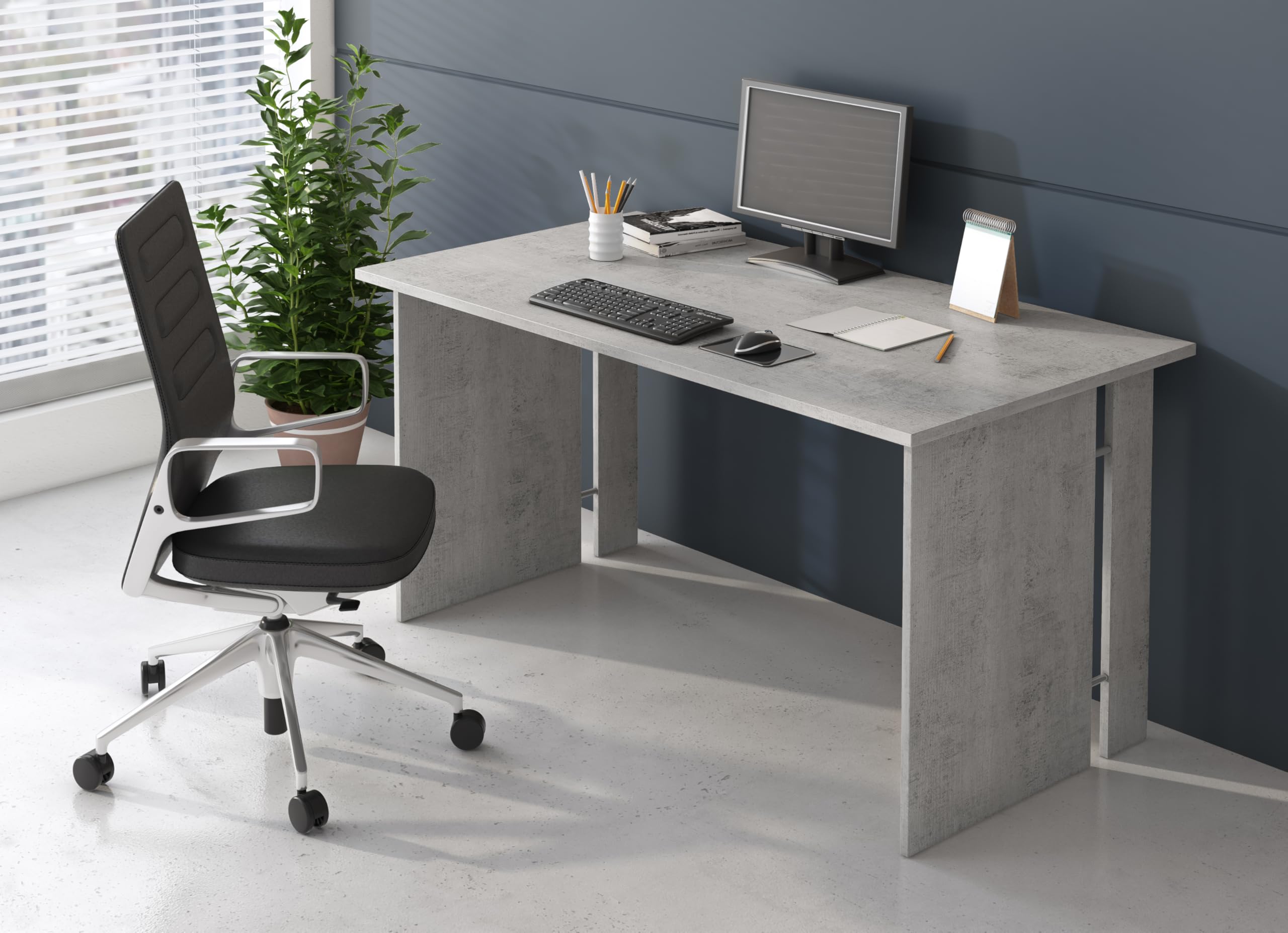 Bricozone Set Ufficio Moderno Completo In Cemento E Bianco Frassinato Con Scrivania Angolare Cassettiera Libreria E Armadi In Melaminico Antigraffio Arredo Professionale Per Home Office E Studi