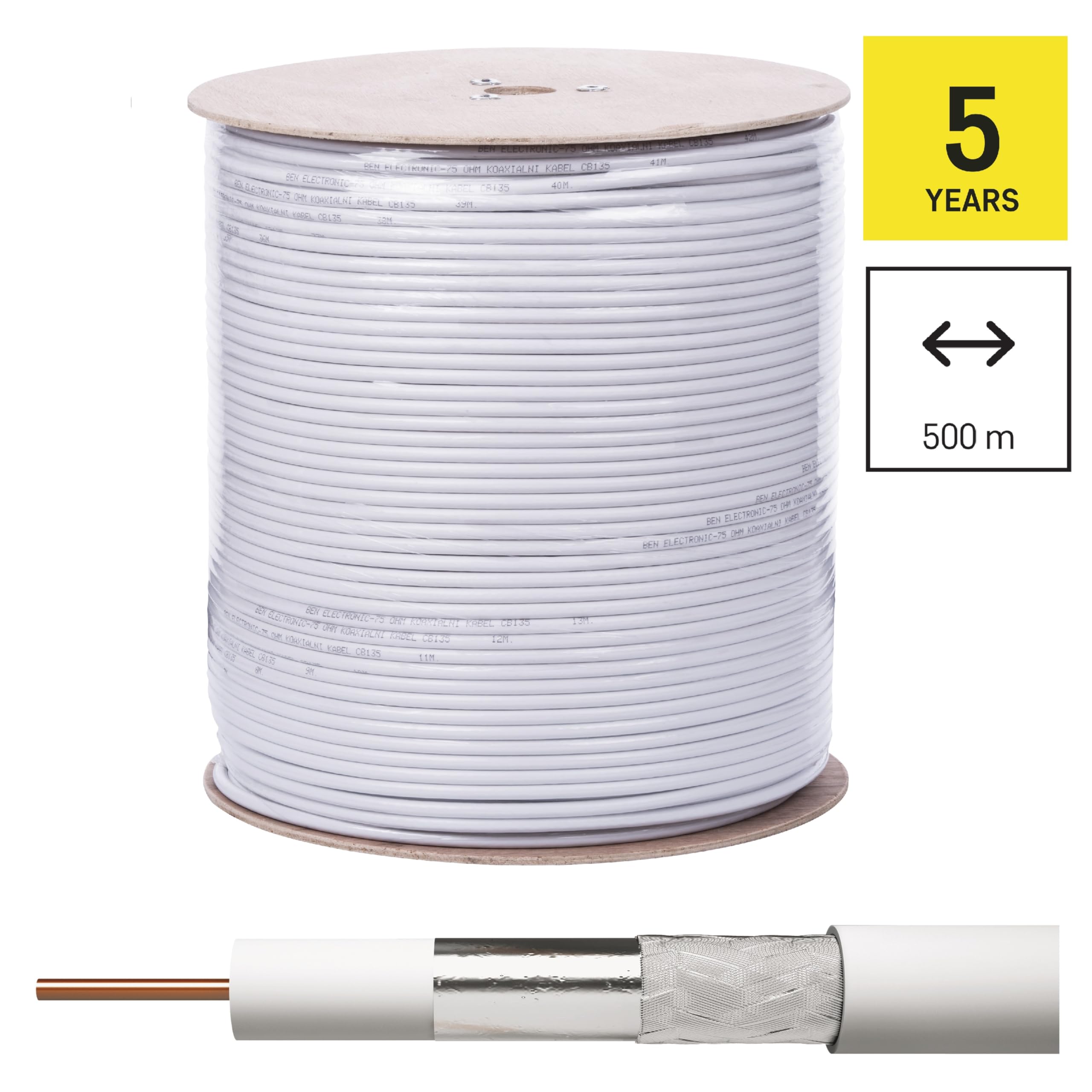 EMOS - Cavo antenna 500 m per SAT TV e CCTV tipo CB21D - Cu Classe A - Doppia schermatura - Cavo TV satellitare CCT con doppia schermatura - Resistenza 75 ohm - Bianco
