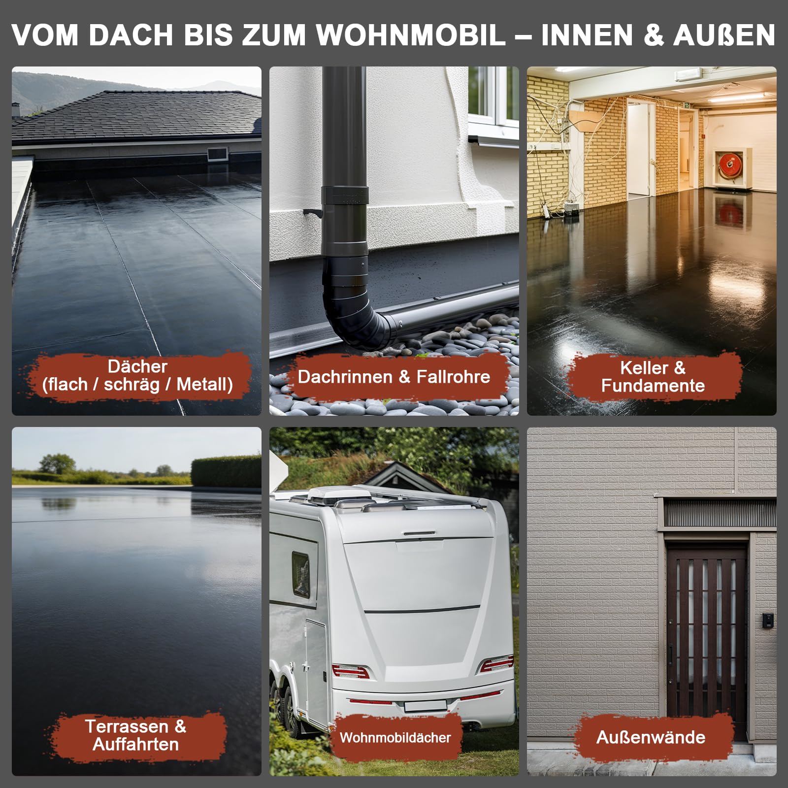 Flüssiggummi Dachabdichtung 2 L Schwarz, wasserdichte elastische Dachbeschichtung, Flüssigkunststoff für Flachdach, Dachrinne, Beton, Holz, Metall, Bitumen