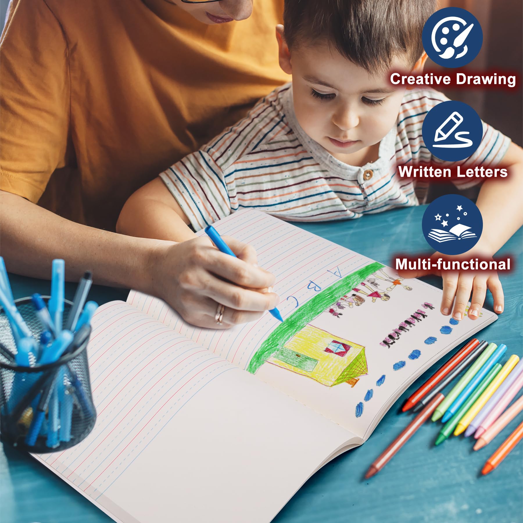 Principal Lines Confezione da 24 quaderni per composizione primaria K-2, a mezza pagina a righe per bambini, materiale scolastico per la casa per studenti, 24,8 x 19,1 cm, 200 pagine