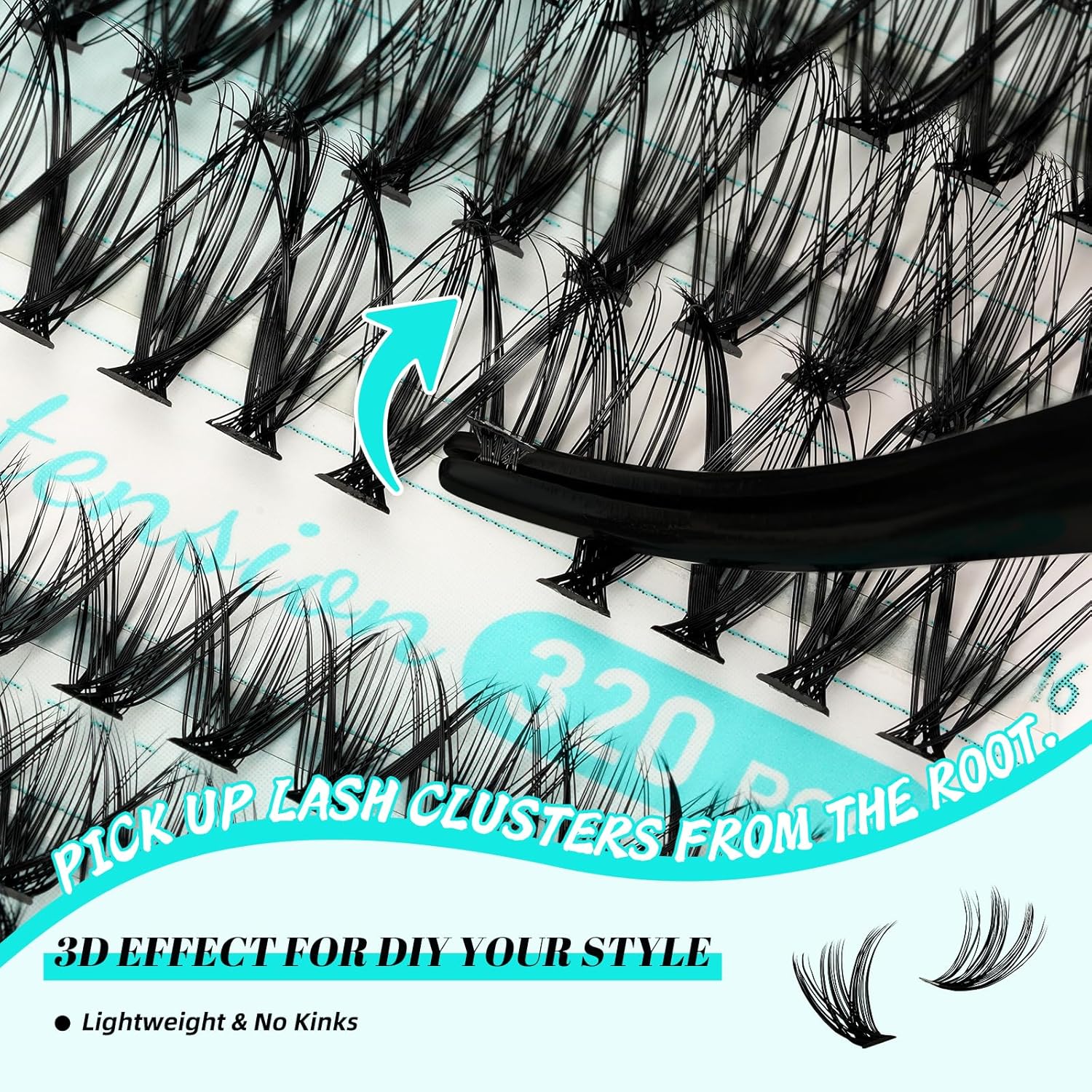 AMZGIRL LASH Clusters Kit 320Pcs, DIY Individual Extensions with Lash Bond and Seal, Remover For False Eyelashes, Applicator Tool Kit At Home(3040D,D-Mix9-16mm, Black 320pcs Kit-3040D-D-9-16mm