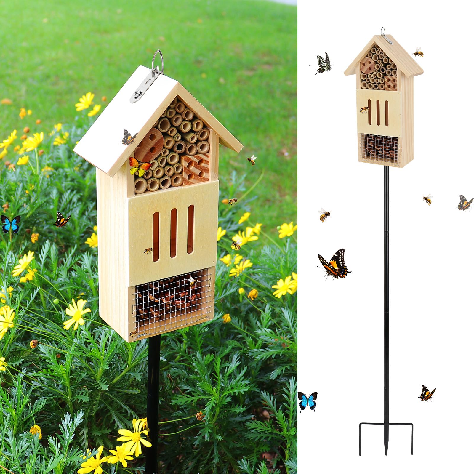 Lettry Casetta per insetti in legno, con paletto in metallo, per giardino, casa delle api e hotel per farfalle a terra o appesa alla parete dell'albero, habitat naturale per insetti per api, farfalle