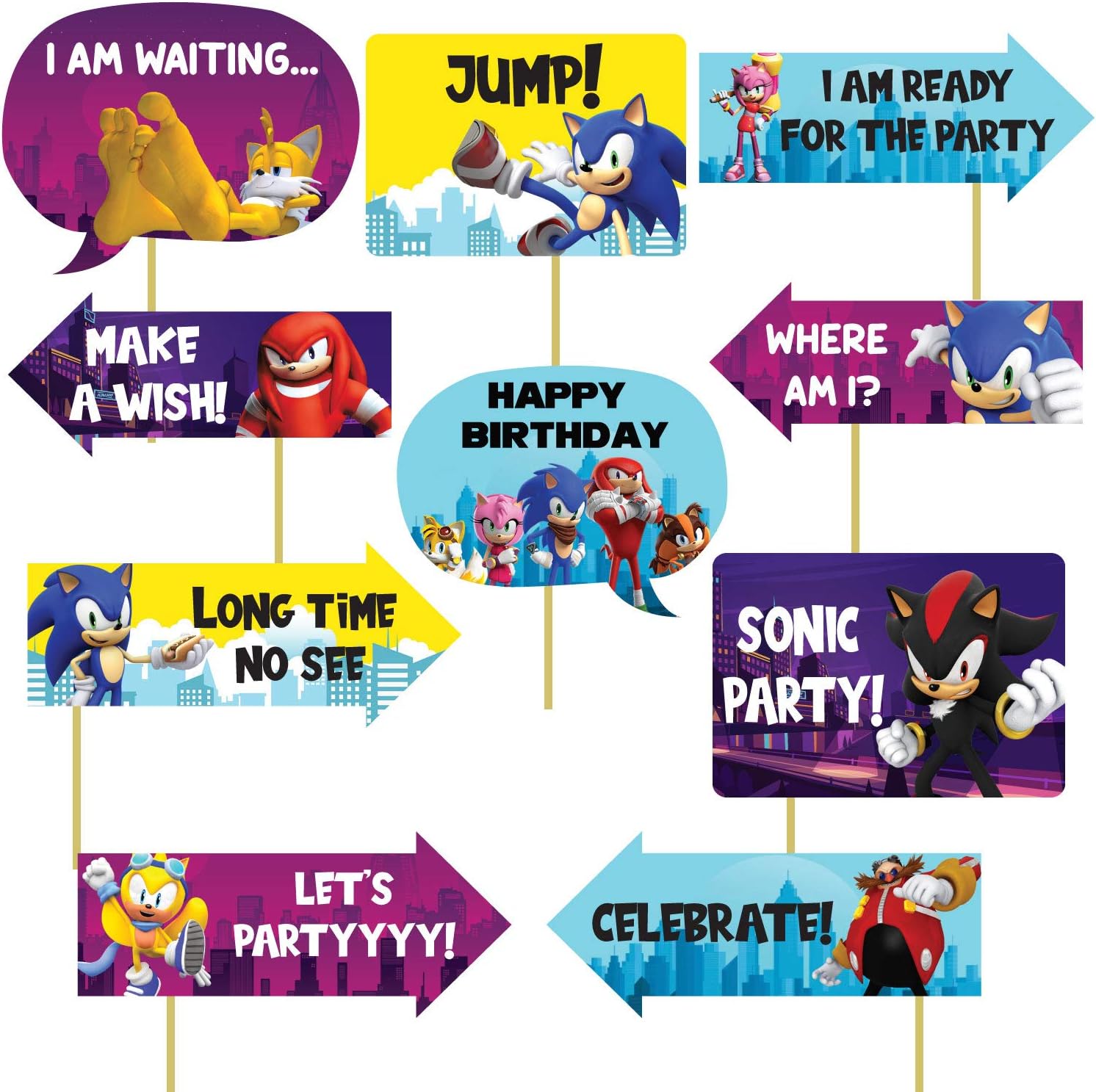 Festiko Sonic Birthday Theme Photo Booth Props - 10 Pieces, Paper & Wood, Sonic-Birthday-Props Color, Perfect for Sonic Theme Birthday Party