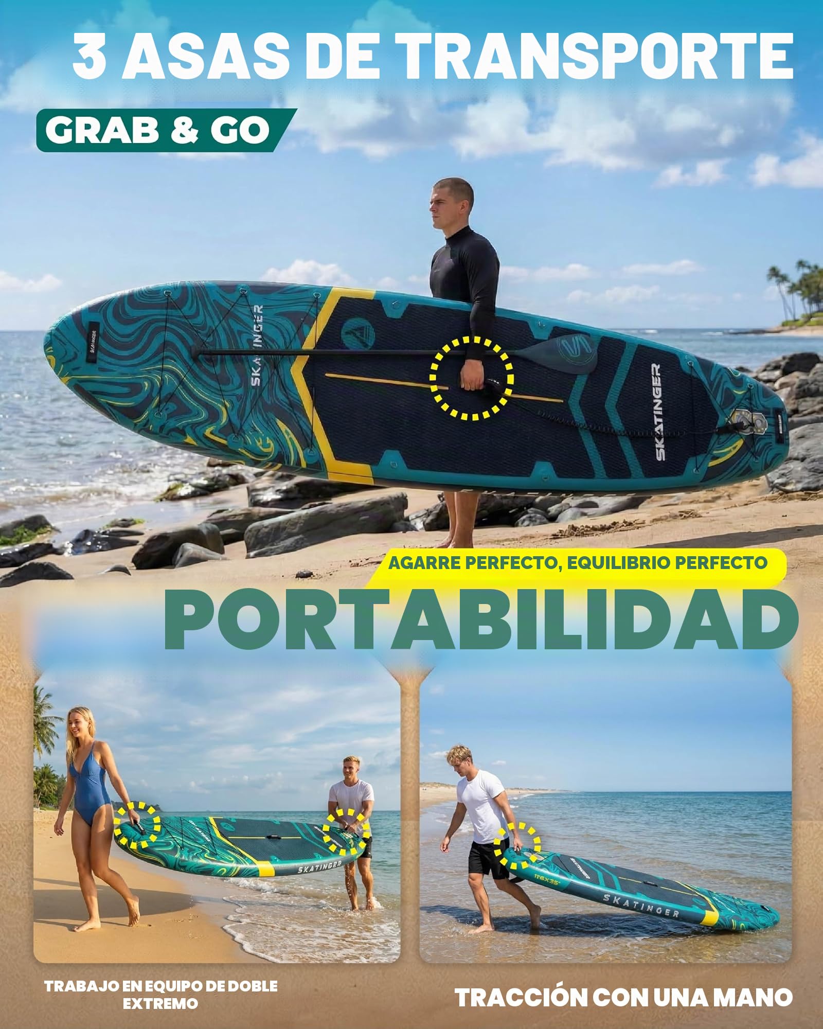 Skatinger Tabla de Remo Inflable extraancha de 335 x 86 cm, soporta hasta 190 kg, para Adultos, Sup Estable para 2 Personas/Familia, Remo de 3 Piezas, Correa para el Hombro, quilla Estadounidense