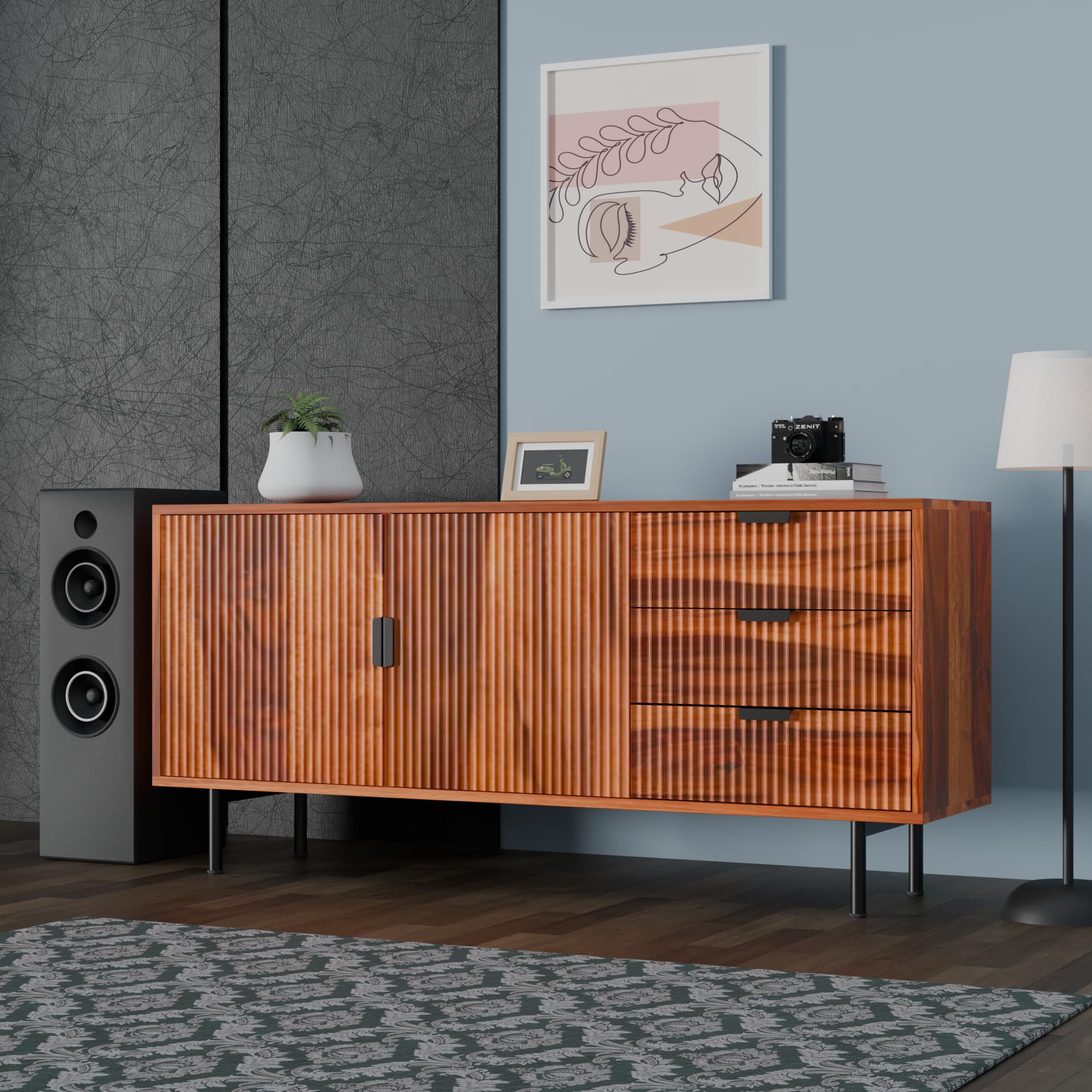 G Fine Furniture Wooden Sideboard Cabinet for Living Room | Kitchen Crockery Cabinets with 3 Drawers & 2 Door | Storage Unit for Bedroom | Solid Wood Sheesham & Iron(Natural sheesham & Black)