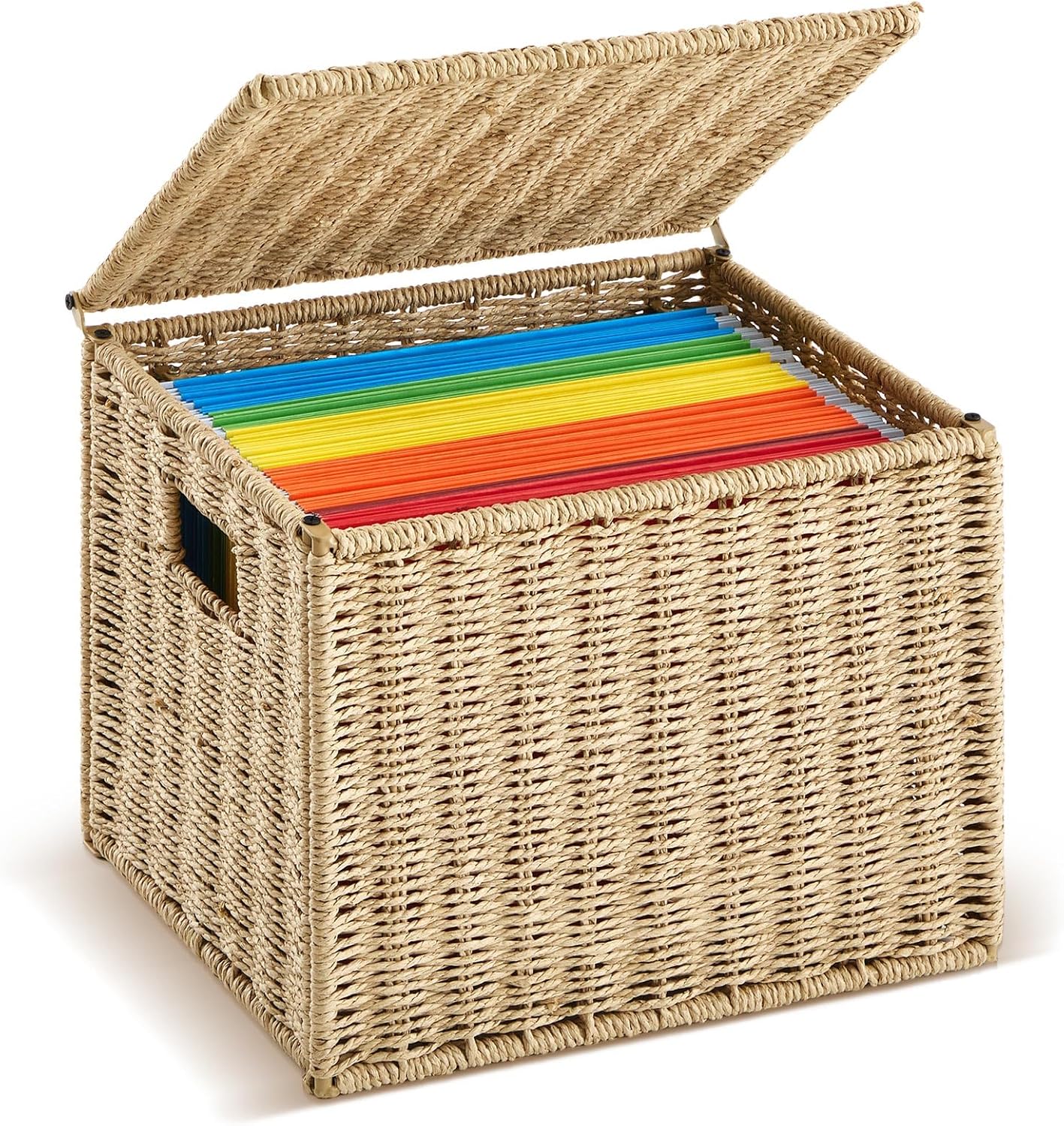 Paper Rope File Box Organizers Collapsible Letter Size Filing Cabinet with Lid Woven Hanging File Basket Portable Decorative Document File Storage Box for Office/Decor/Home (Letter Size)