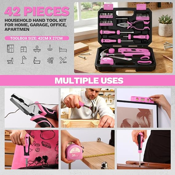 DEKO Pink Tool Kit Set, Mini Hand Tool Set for Apartment, Dorm & Home DIY