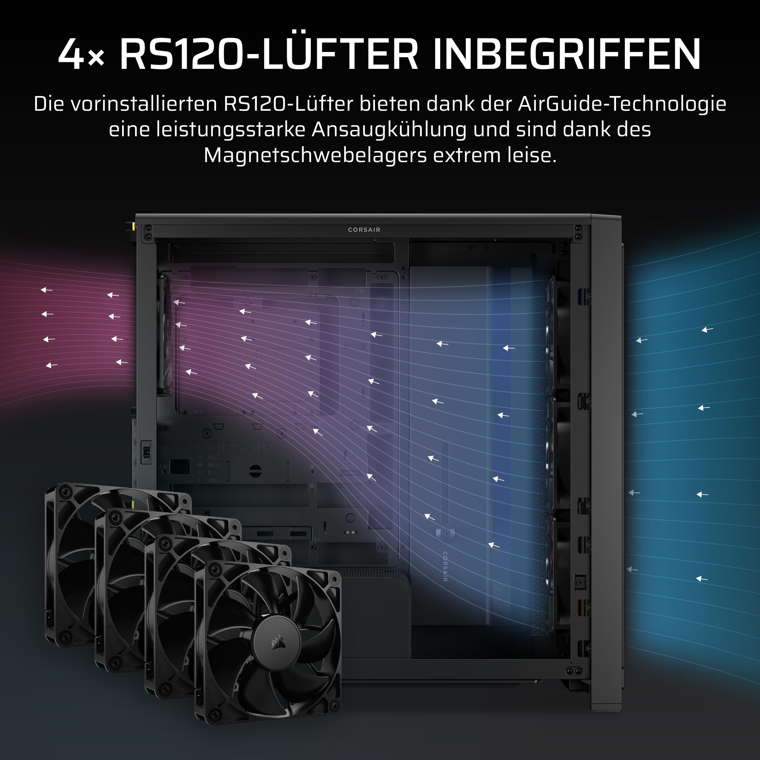 CORSAIR Frame 4000X RS Modulares Mid-Tower-ATX-PC-Gehäuse – Schwarz | RGB-Frontpanel, 4x RS120 PWM-Lüfter Enthalten, InfiniRail-Lüfterhalterungssystem, GPU-Anti-Sag-Stabilisierungsarm