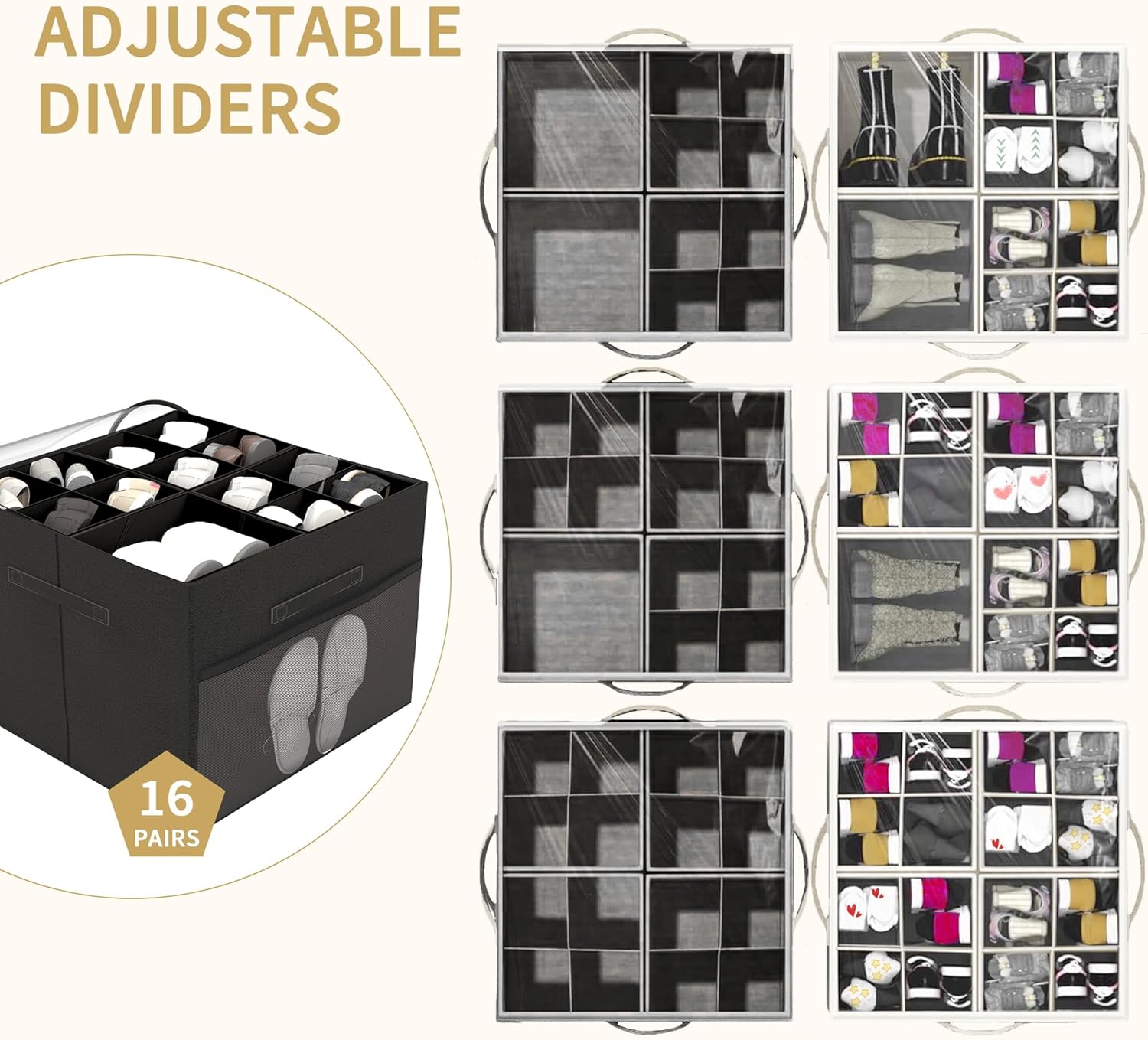 Shoe Organizer for Closet, 2-Pack Fabric Shoe Storage Box with Clear Lid & Adjustable Dividers, Holds 16-32 Pairs, Space Saving Shoe Storage Bins with Mesh Pockets, Black