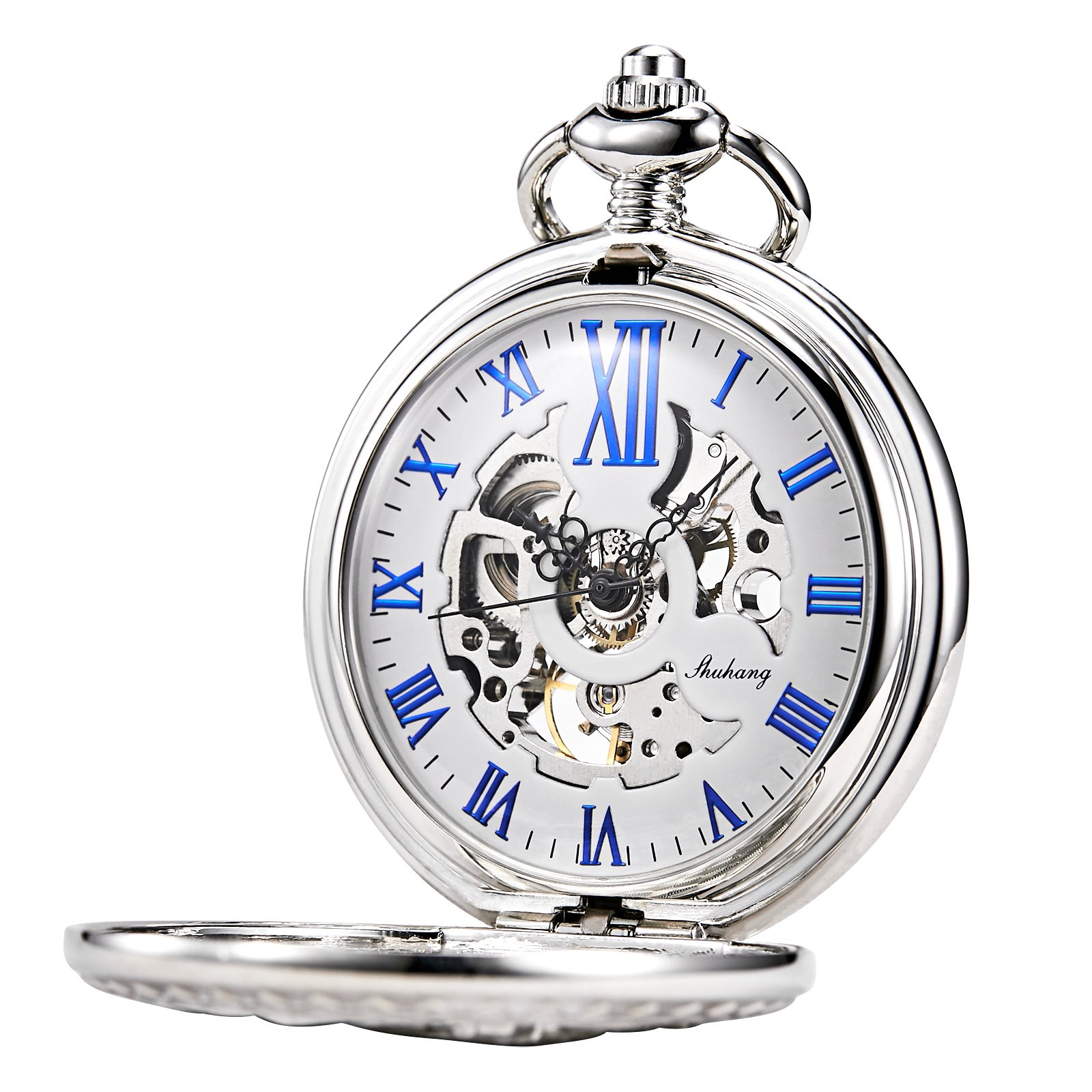 TREEWETO Antique Mens Pocket Watch Skeleton Mechanical Hollow Bronze Case 3D Steam Train Railroad Roman Numerals