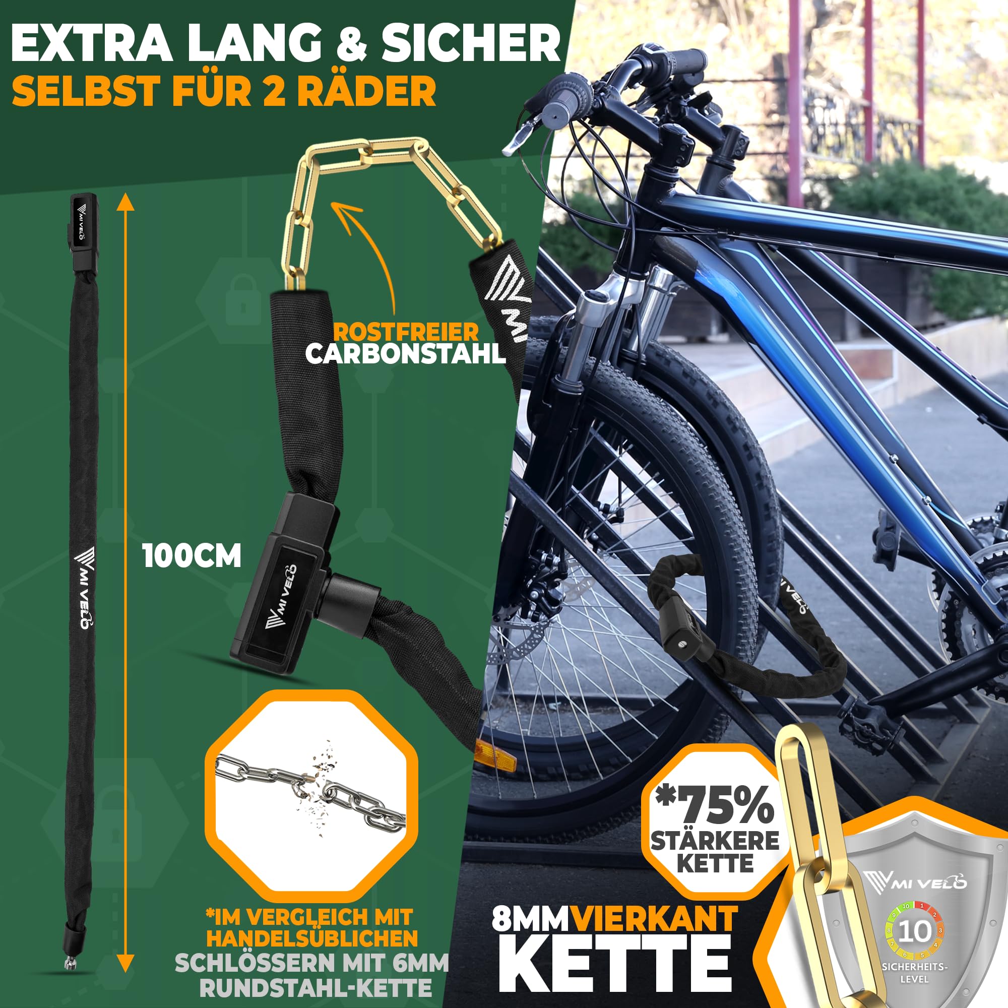 MIVELO Fahrradschloss Kettenschloss hohe Sicherheit 100cm lang I Fahrrad Schloss 8mm gehärteter Stahl I Radschloss ideal für E Bike, MTB & Rennrad I Bike Lock (mit Schluessel)