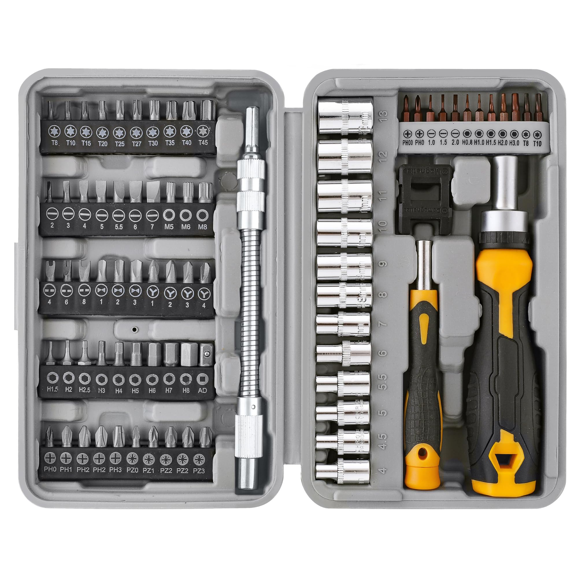 Hi-Spec Juego de puntas para destornillador y set de sockets 1/4 pulgada con mangos de 79 piezas. Incluye extensión flexible, precisión y accesorios Torx y seguridad en estuche organizado | 79 piezas, mangos, extensión flexible, Torx de seguridad y estuch
