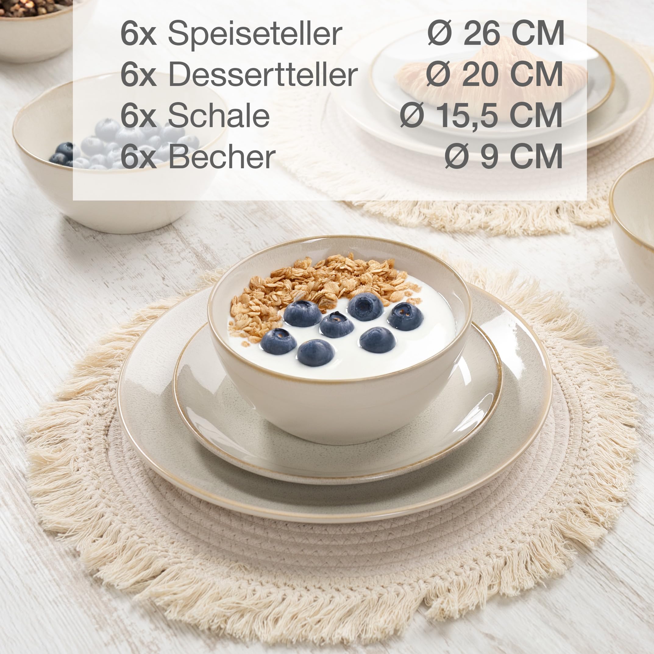 Moritz & Moritz Steingut Geschirrset 6 Personen mit Tassen - 24-tlg. - Serie Sense - Steingut Geschirr Set Beige