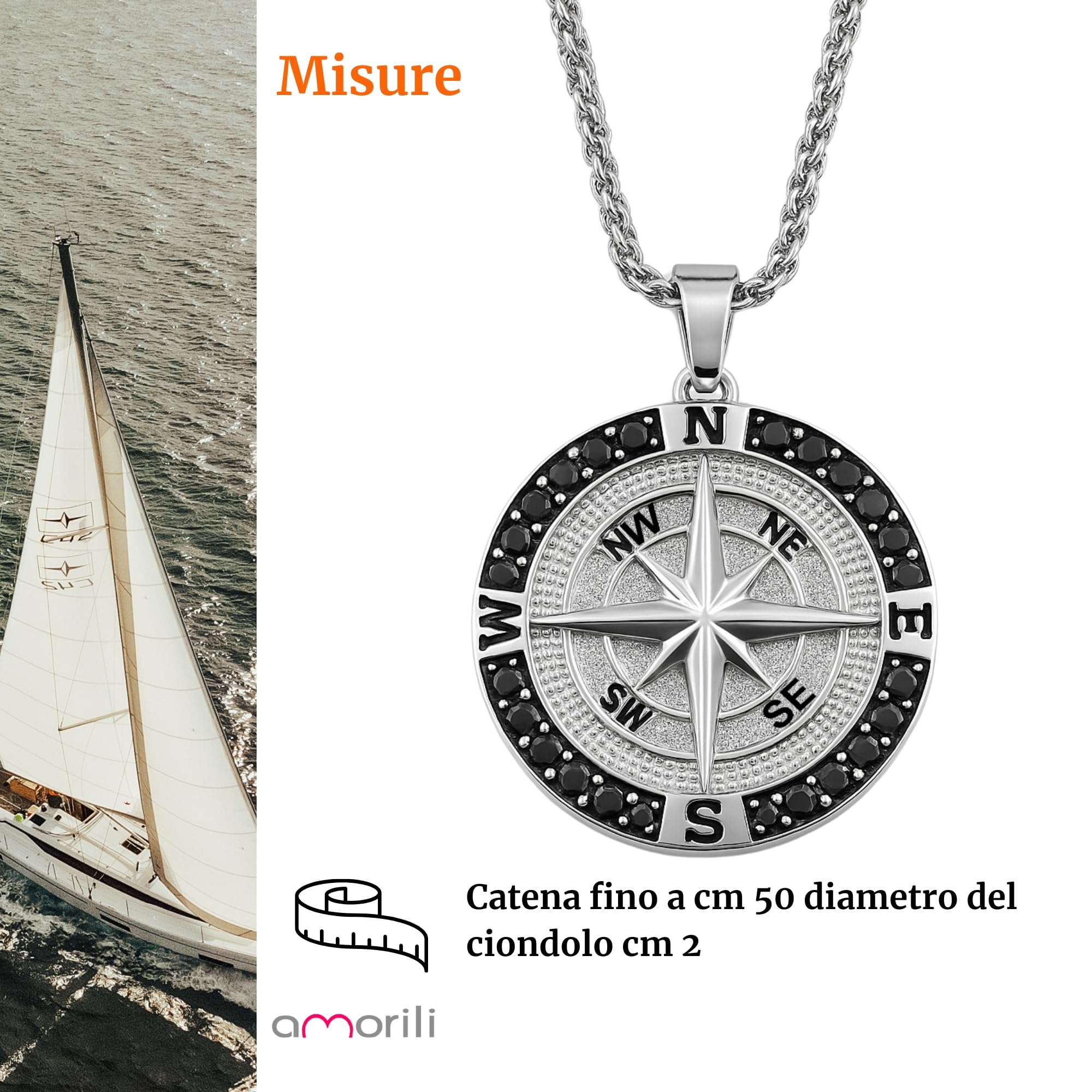 Collana Uomo Rosa dei Venti in Acciaio Inox – Ciondolo Bussola Ø2 cm – Catena Veneziana 50 cm – Stile Nautico Elegante – Idea Regalo Avventura cll2260