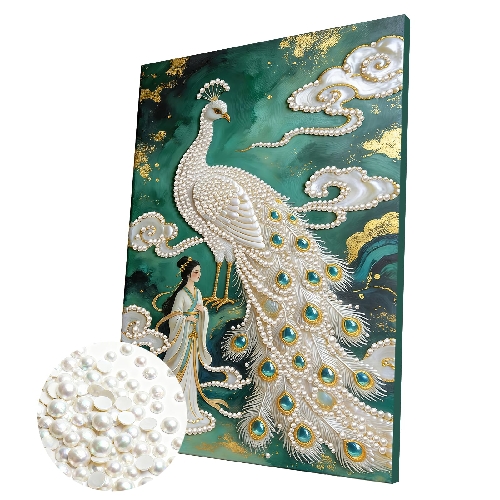 DIY Pearl Painting Kit with Wooden Frame, 3D Plastic Pearl Gemstone Ocean Art Craft for Adults Beginners, Diamond Dot Painting, Home Wall Decor Ready Gift for Women(Peacock)(30 * 40cm)