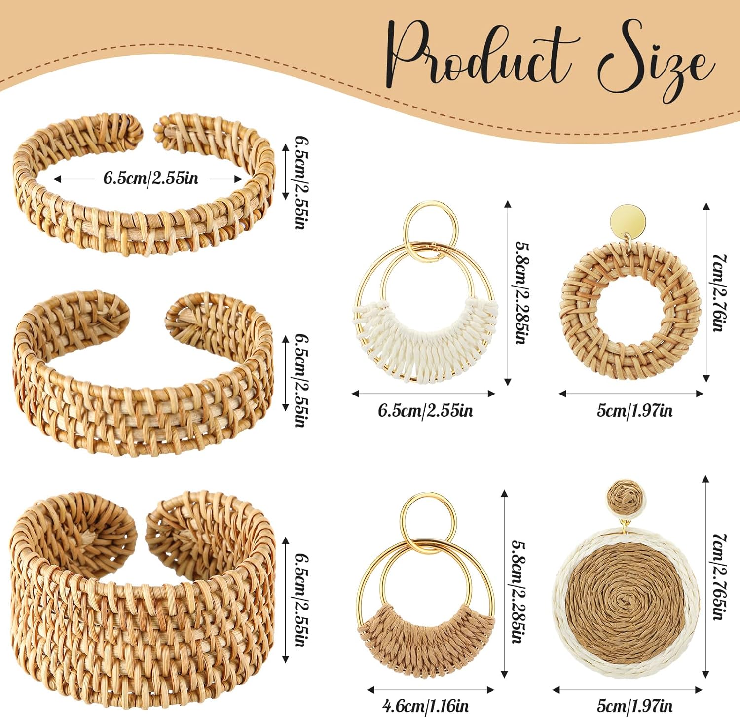 Landical 11 Pcs Rattan Bracelets Earrings Set for Women Include 4 Pair Lightweight Boho Earrings 3 Pcs Woven Straw Raffia Bracelets for Vacation Summer Beach Holiday
