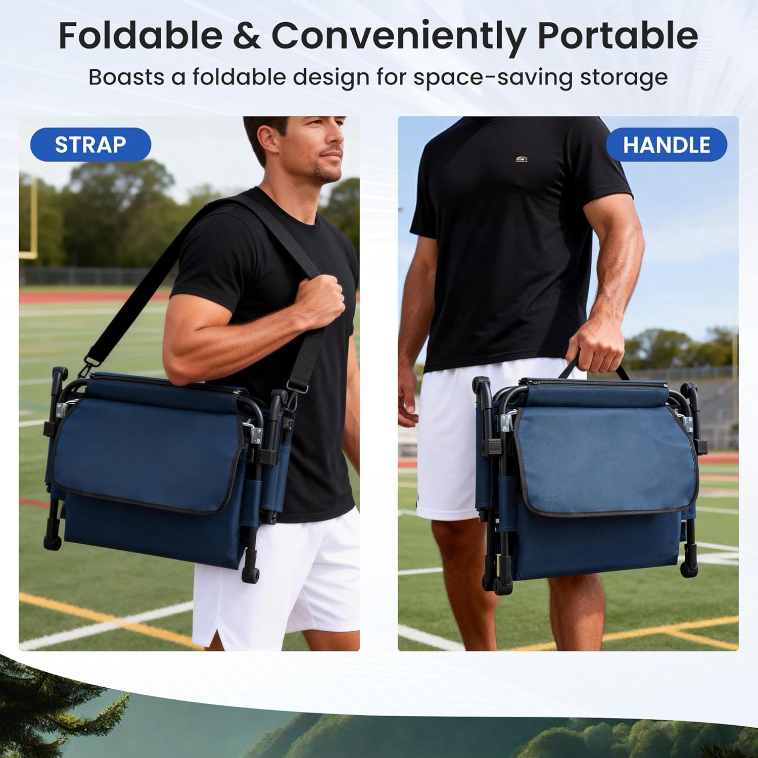 Portable Stadium Seat with Cup Holders & Multiple Storage Pockets, Foldable Bleacher Chair for Sports Games, Concerts, Camping & Outdoor Events (Blue & Gray, 1 Pack)