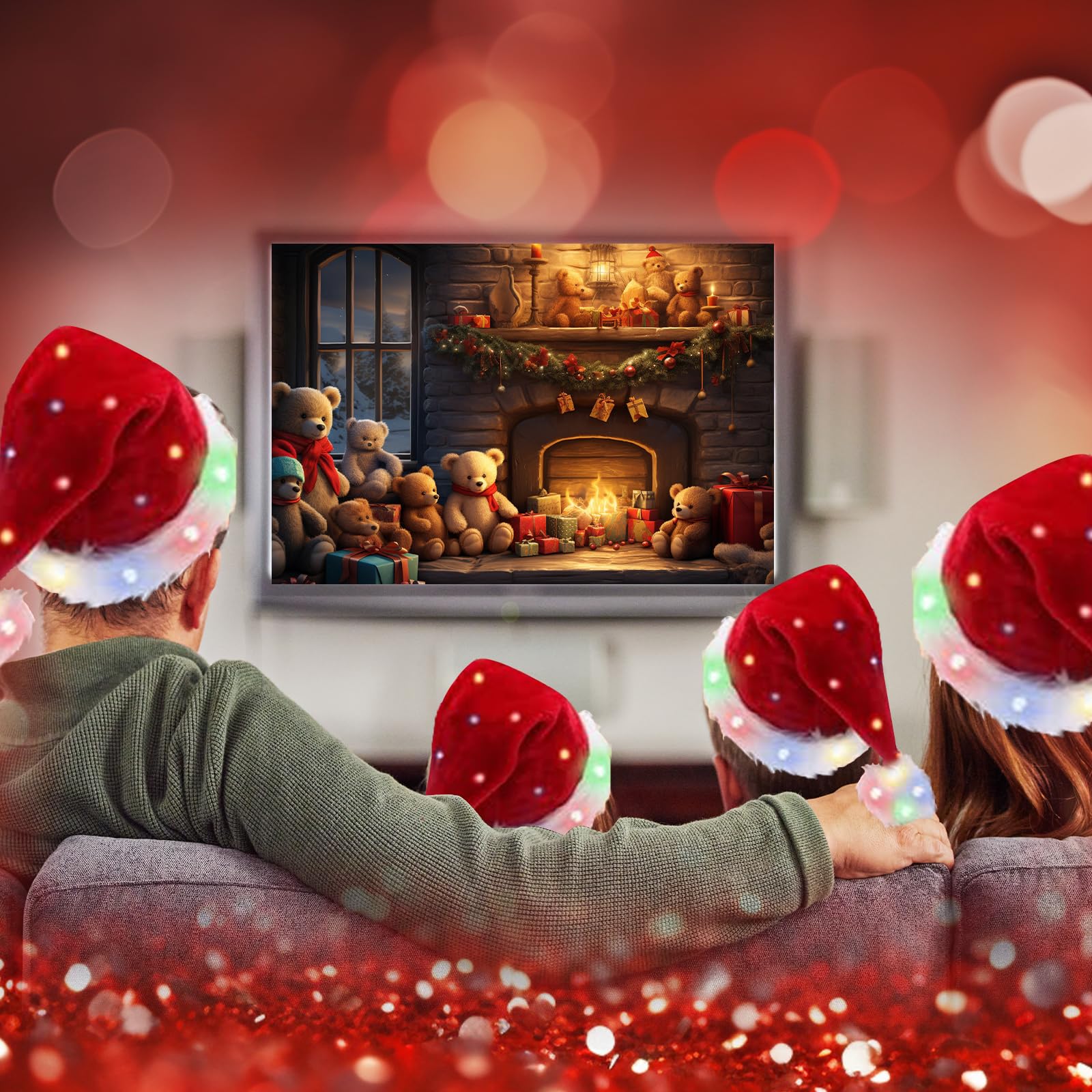 Sombrero de Papá Noel de felpa, iluminado, divertidos sombreros de Navidad para niños y adultos, juego de sombreros de Papá Noel para adultos, sombrero de Papá Noel rojo esponjoso (niños, 1
