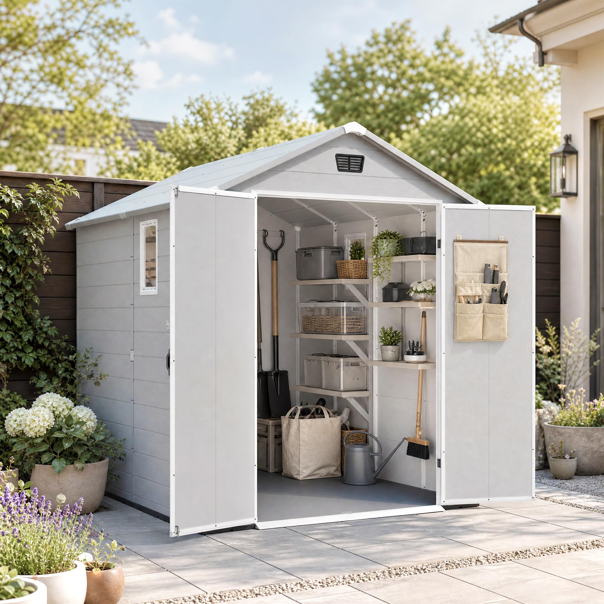 Devoko 6X8 FT Resin Outdoor Storage Shed with Floor, Light Grey