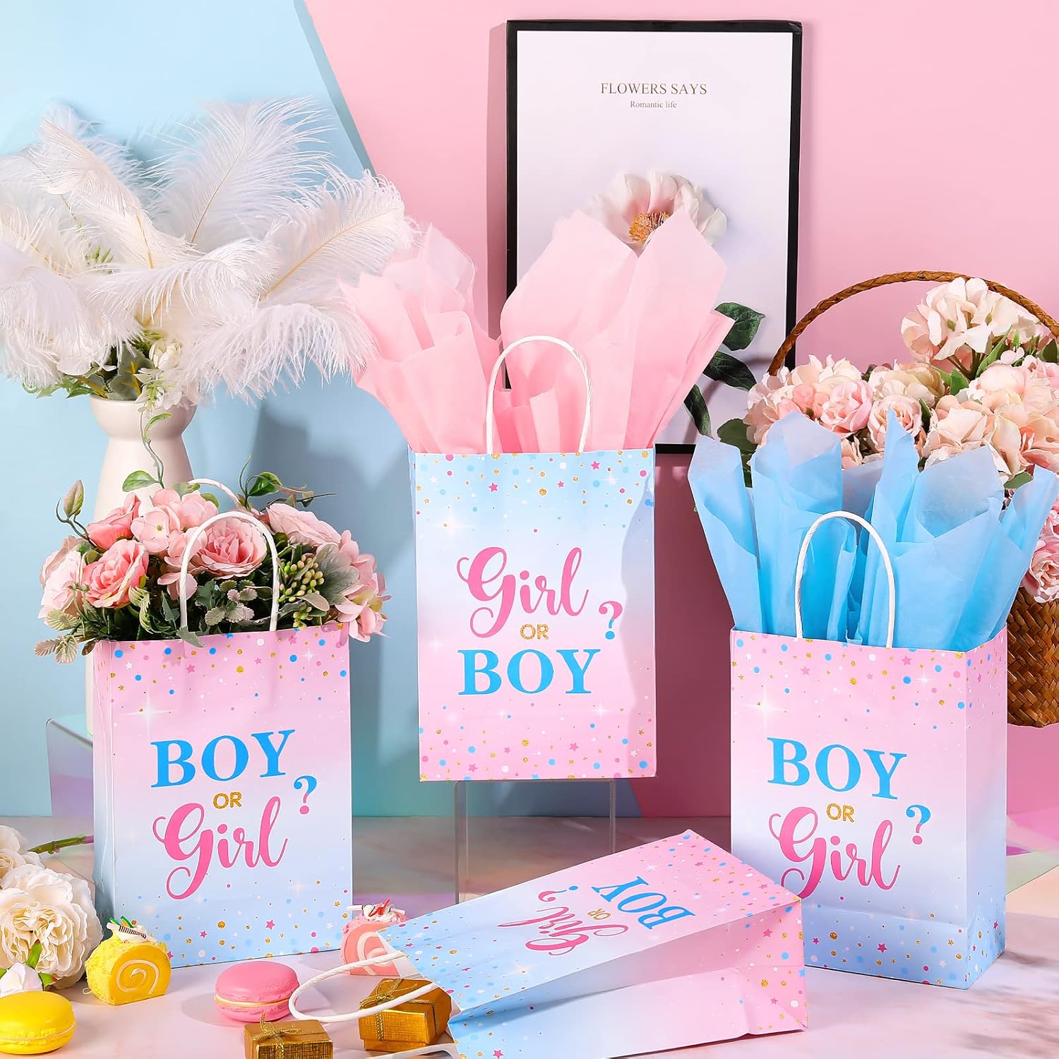 Tinlade 30 Set Gender Reveal Party Gift Bags with Tissue Paper Baby Shower Party Gender Reveal Paper Bags with Handles