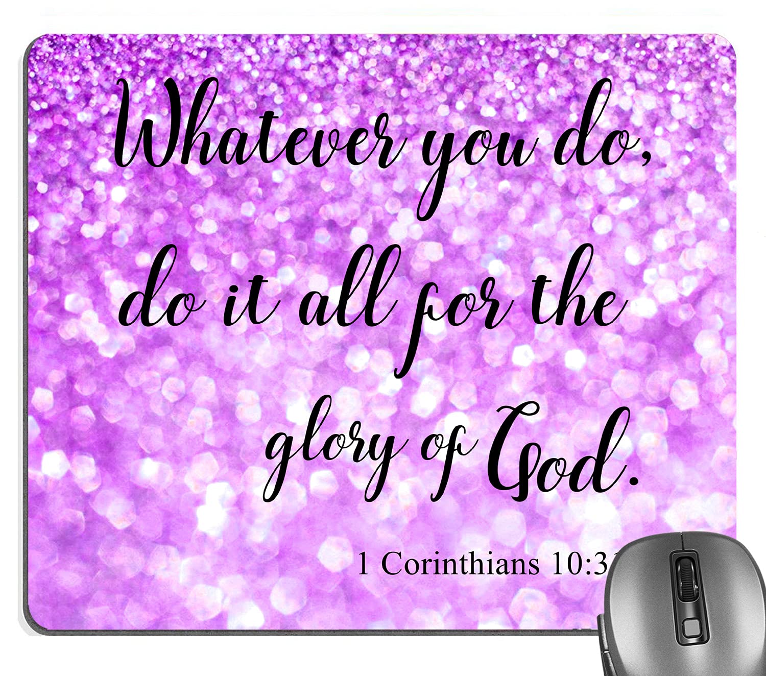 Knseva Whatever You Do, Do It All for The Glory of God 1 Corinthians 10:31 Bible Verse Quotes Faith Scripture Mouse Pad, Purple Glitter Mouse Pads Inspirational Quote Mat