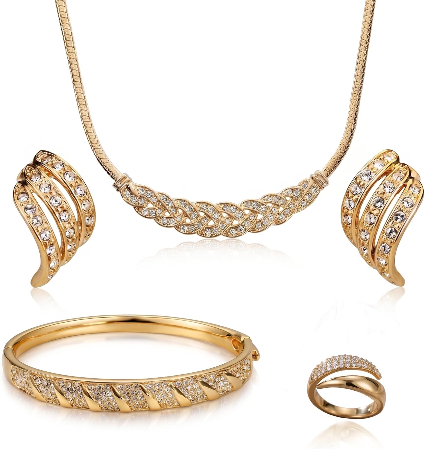 4 Pcs 18K Gold Plated Jewelry Set for Women, Cubic Zirconia Necklace Bracelet Ring Earrings, Bridal Wedding Party Fashion Jewelry Gifts