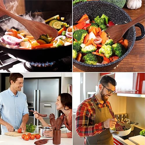Miniatura 6 de Juego de utensilios de cocina, 16 piezas, cucharas de madera para cocinar, espátula antiadherente de teca natural con soporte para cuchara, agarre
