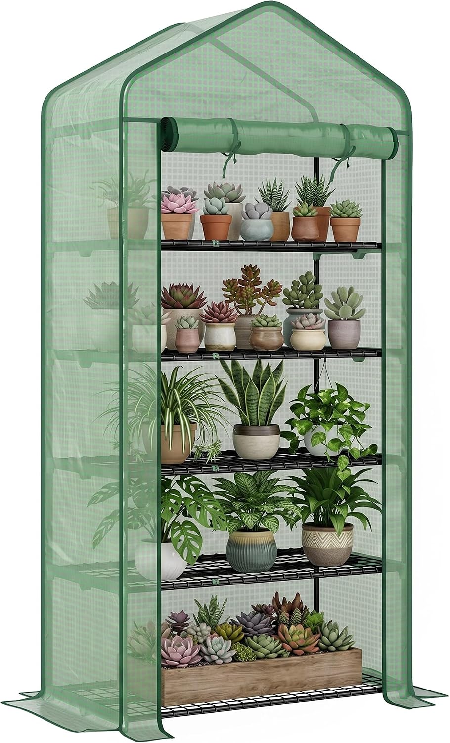 Outsunny 5 Tier Mini Greenhouse, 76" x 35.4" x 19.3" Small Portable Greenhouse with Reinforced PE Cover, Roll-Up Zippered Door, for Indoor Outdoor Garden Yard Backyard, Green