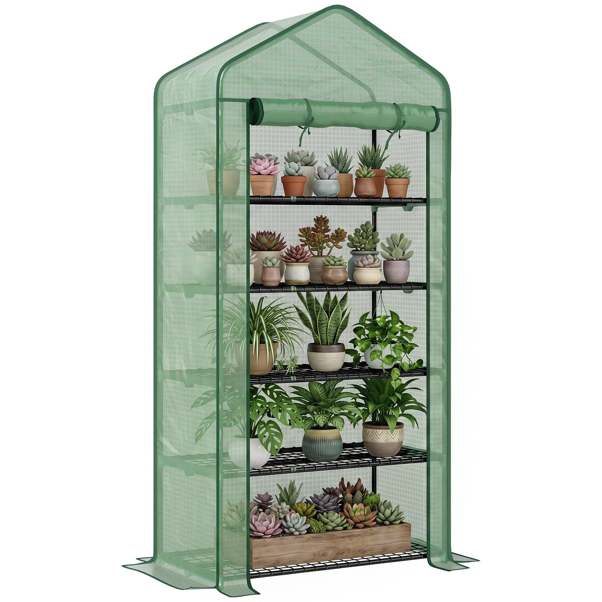 Outsunny 5 Tier Widened Mini Greenhouse with Reinforced PE Cover, Portable Indoor Outdoor Green House with Roll-up Door and Wire Shelves, 90 x 49 x 193cm, Green