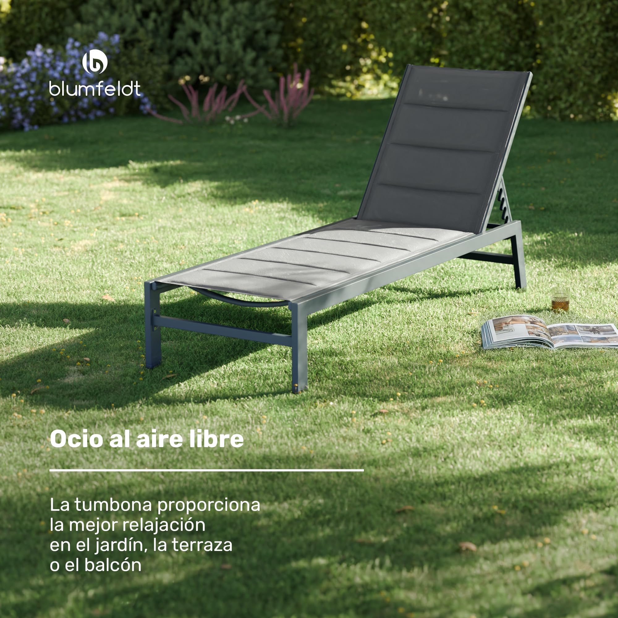 blumfeldt Renazzo Lounge - Tumbona de jardín, 186 x 56 cm, Respaldo de Altura Regulable, Impermeable y Acolchada, Malla ComfortMesh, Antracita