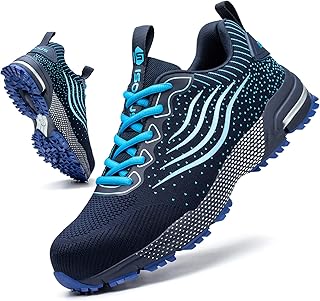Steel Toe Shoes for Men Women Super Lightweight Safety Shoes Comfortable Cushion Wide Steel Toe Sneakers Indestructible Work Shoes Blue 6 Women/4.5 Men
