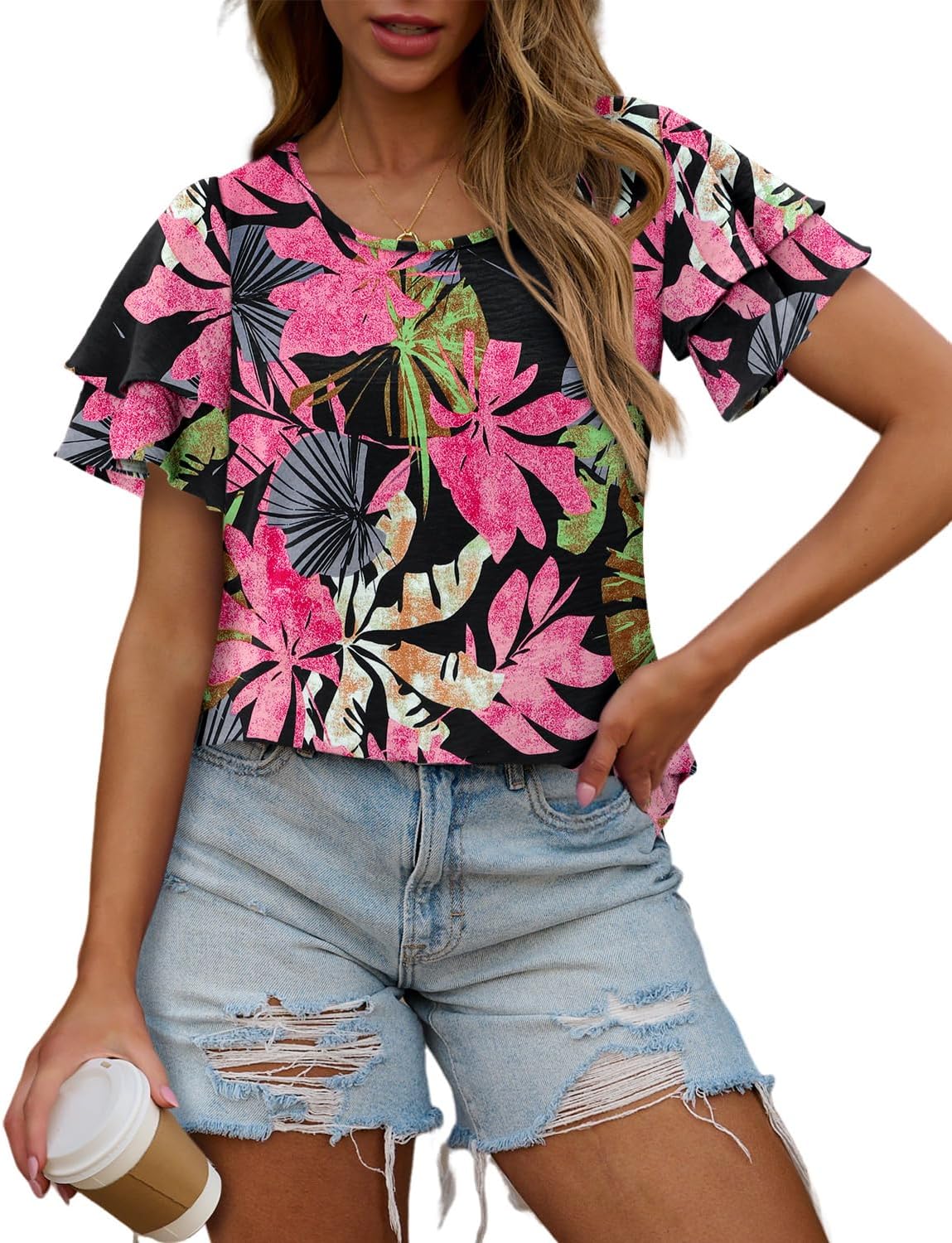 CRAZY GRID Women's Shirts Summer Casual Crewneck Short Sleeve Blouses Cute Floral Print Tunic Tops - Image 2