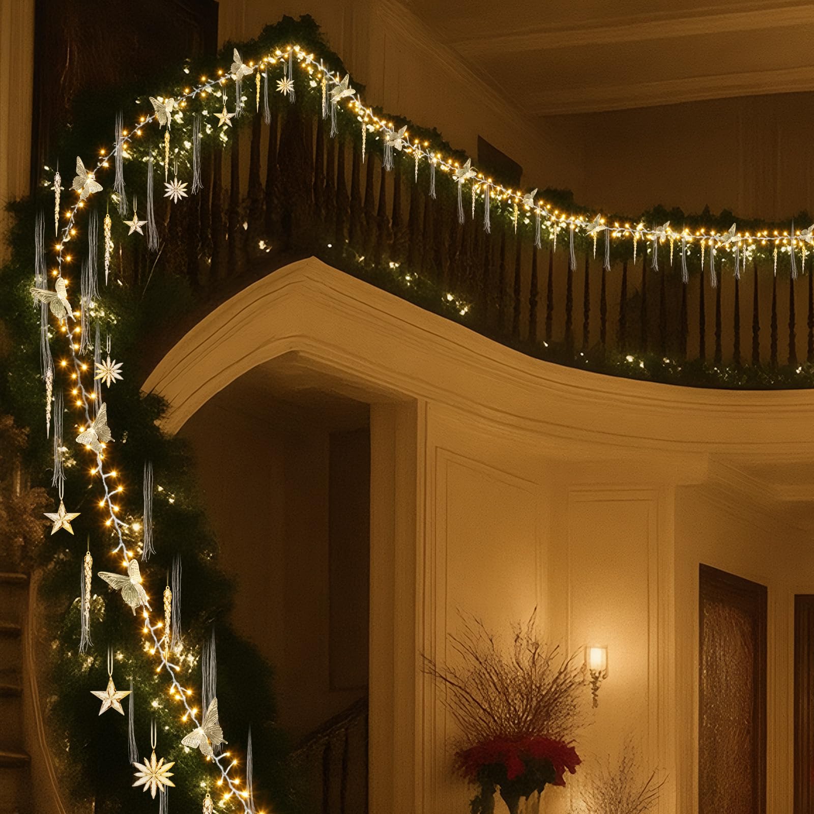Mudder Guirlande lumineuse en forme de papillon de 15 m avec fil métallique en acrylique flocon de neige, étoile et stalactites, 300 LED, alimentée par piles, décoration d'intérieur