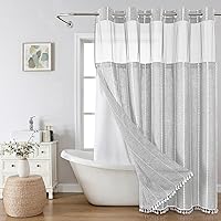 EACHOPE Grey Boho Farmhouse No Hook Shower Curtain Set with Snap-in Liner, Linen Textured Striped, Water-Repellent, 71x74 Inches