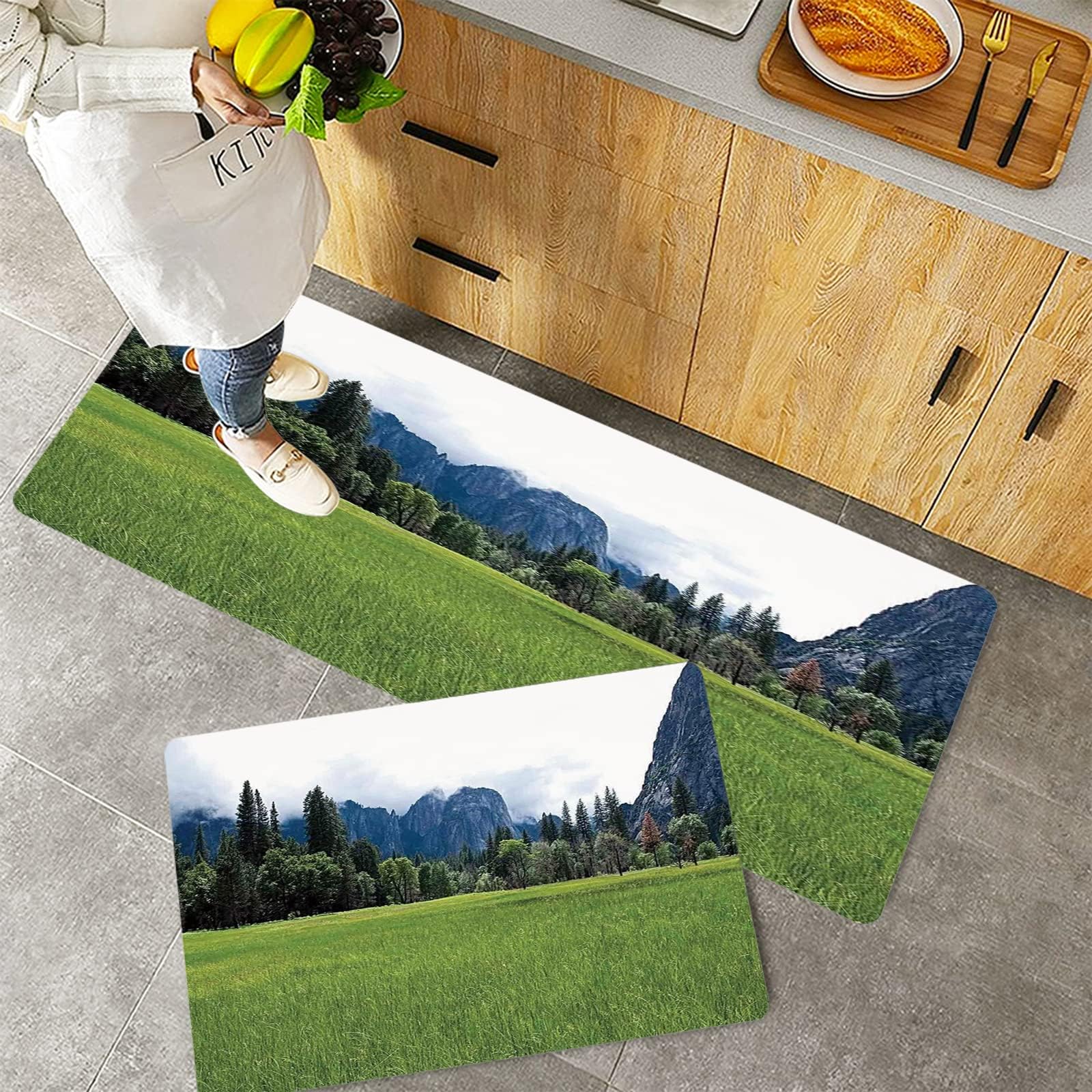 Kitchen Rugs Set 2 Piece Non-Slip Kitchen Mats and Rugs,Yosemite,Lushgreen Meadow in Yosemite Valley With Trees Forest Mounta,Rubber Backing Durable Floor Mat Doormat Machine Washable(40x60+40x100cm)