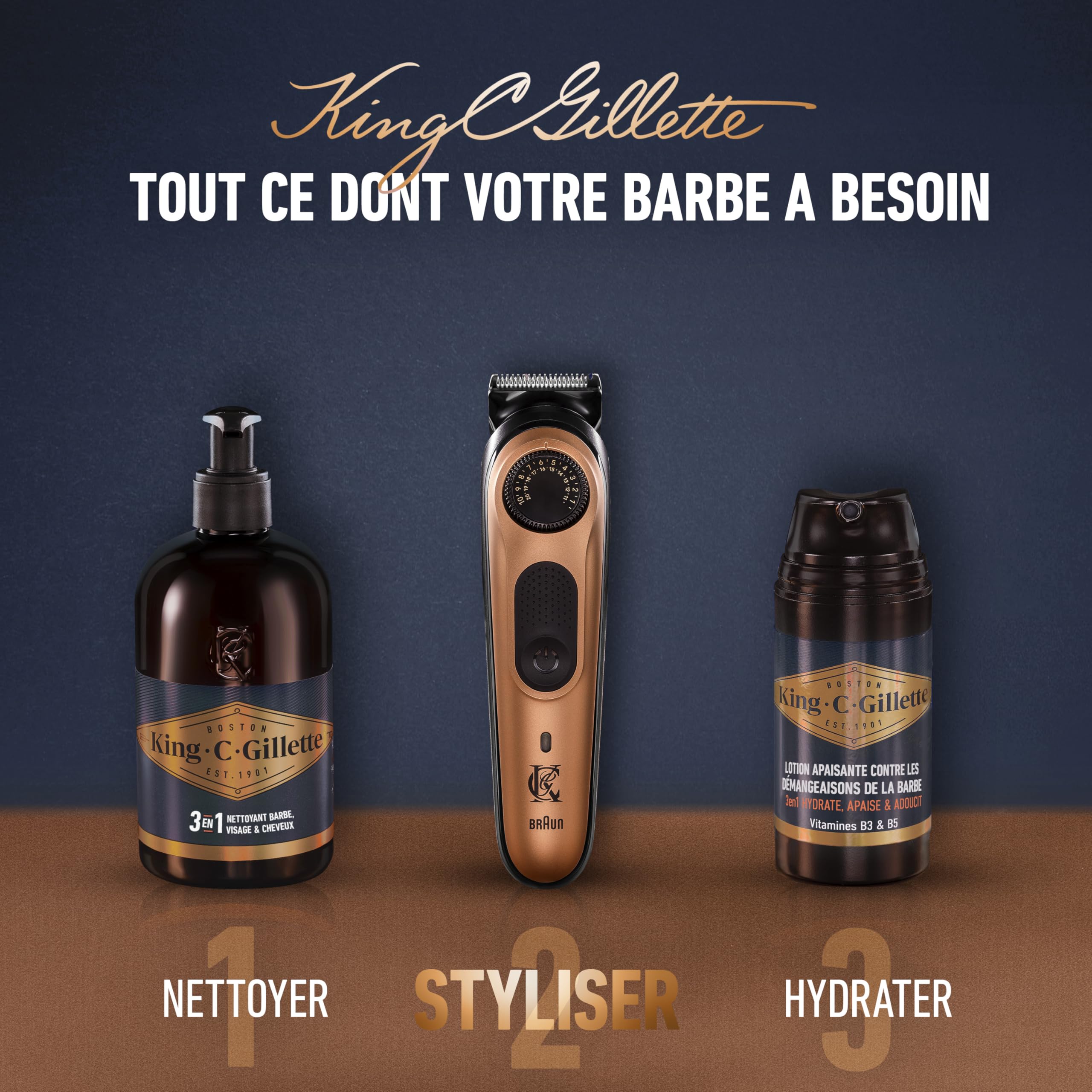 King C. Gillette Tondeuse Barbe Homme Pro, Electrique, Multicolore | Etanche, sans Fil, Lames Affutées et Inusables, 40 Réglages, Coffret avec 4 Sabots Interchangeables